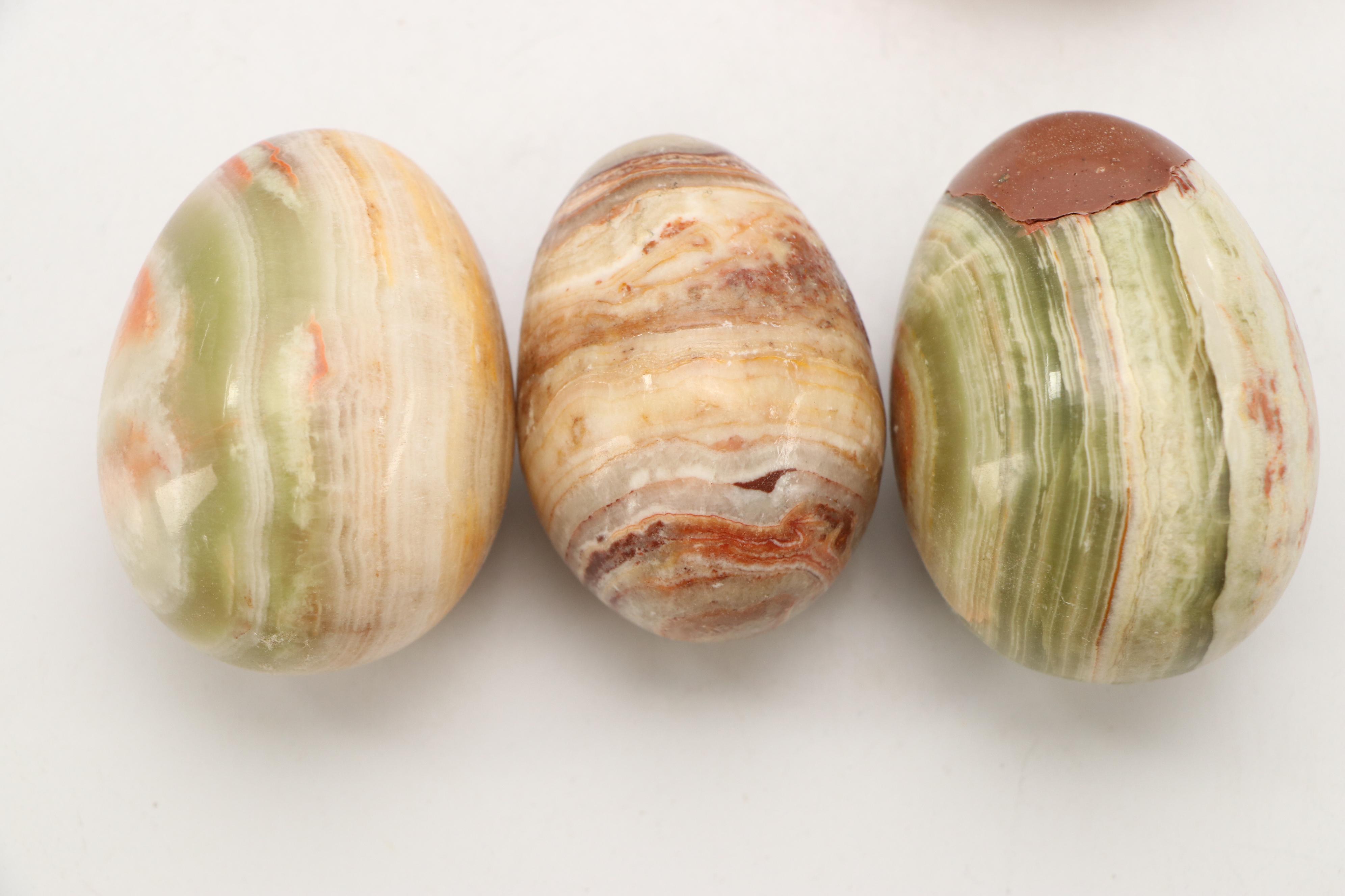 Burl Wood Basket with Carved Stone Eggs