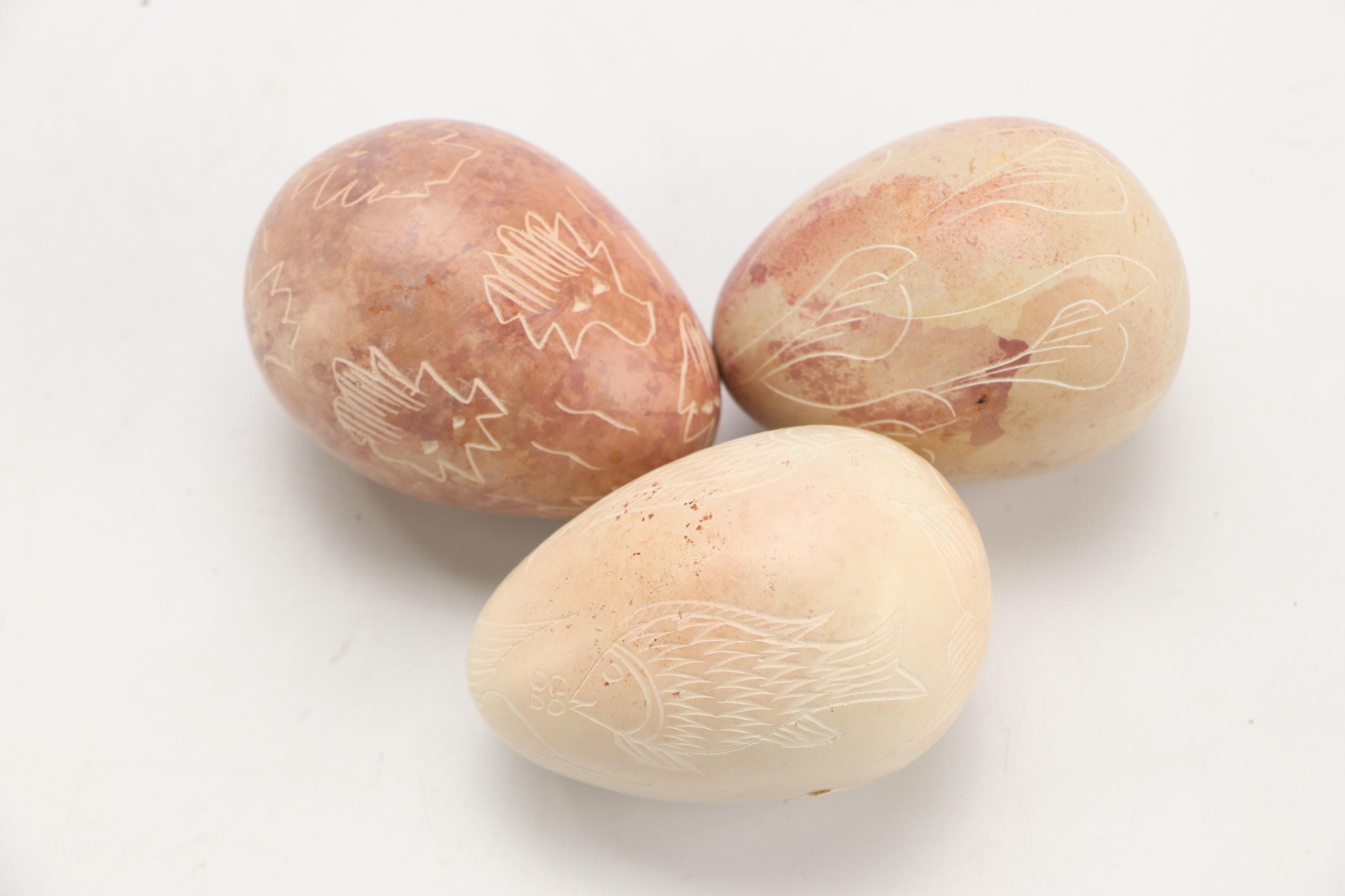 Burl Wood Basket with Carved Stone Eggs