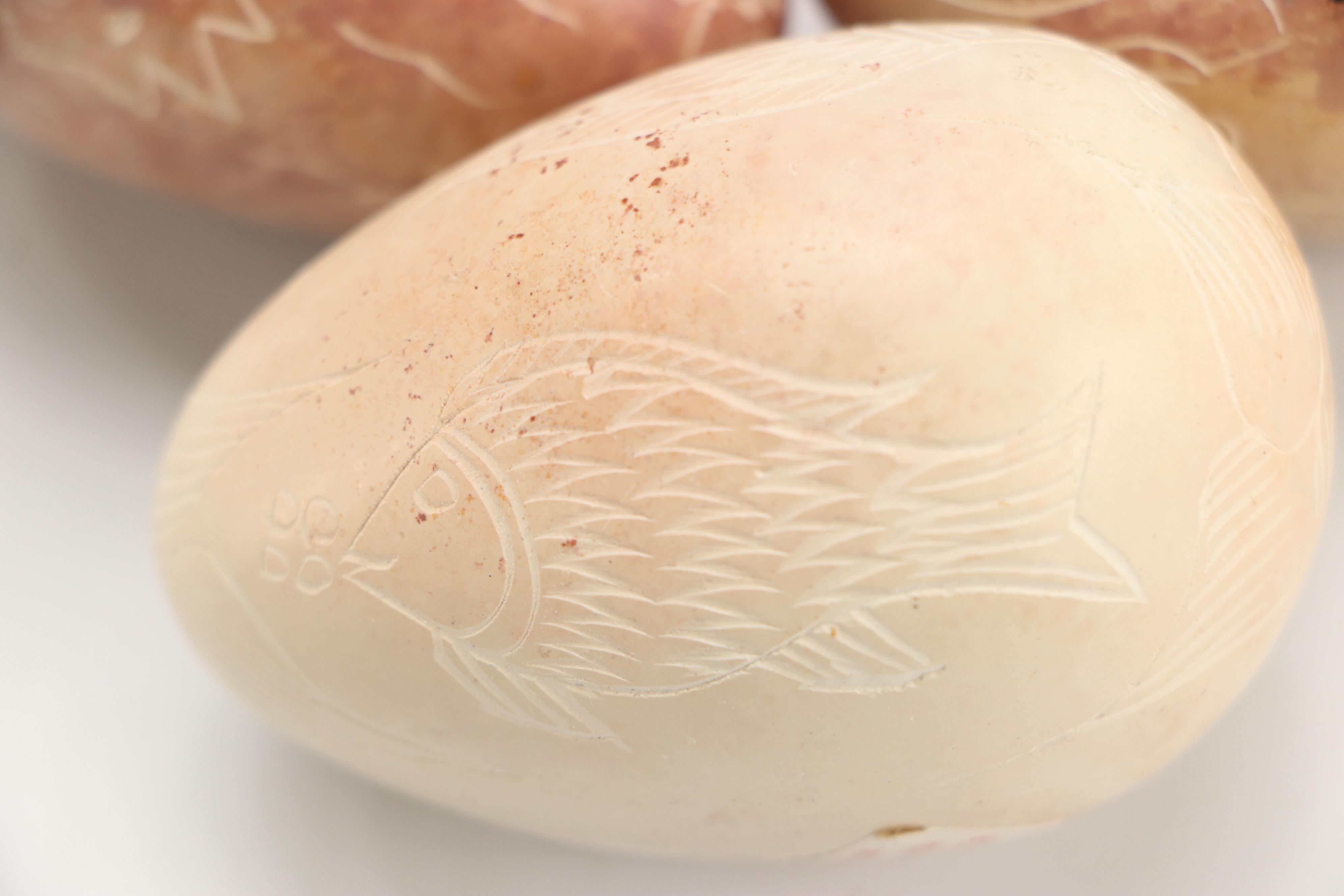 Burl Wood Basket with Carved Stone Eggs