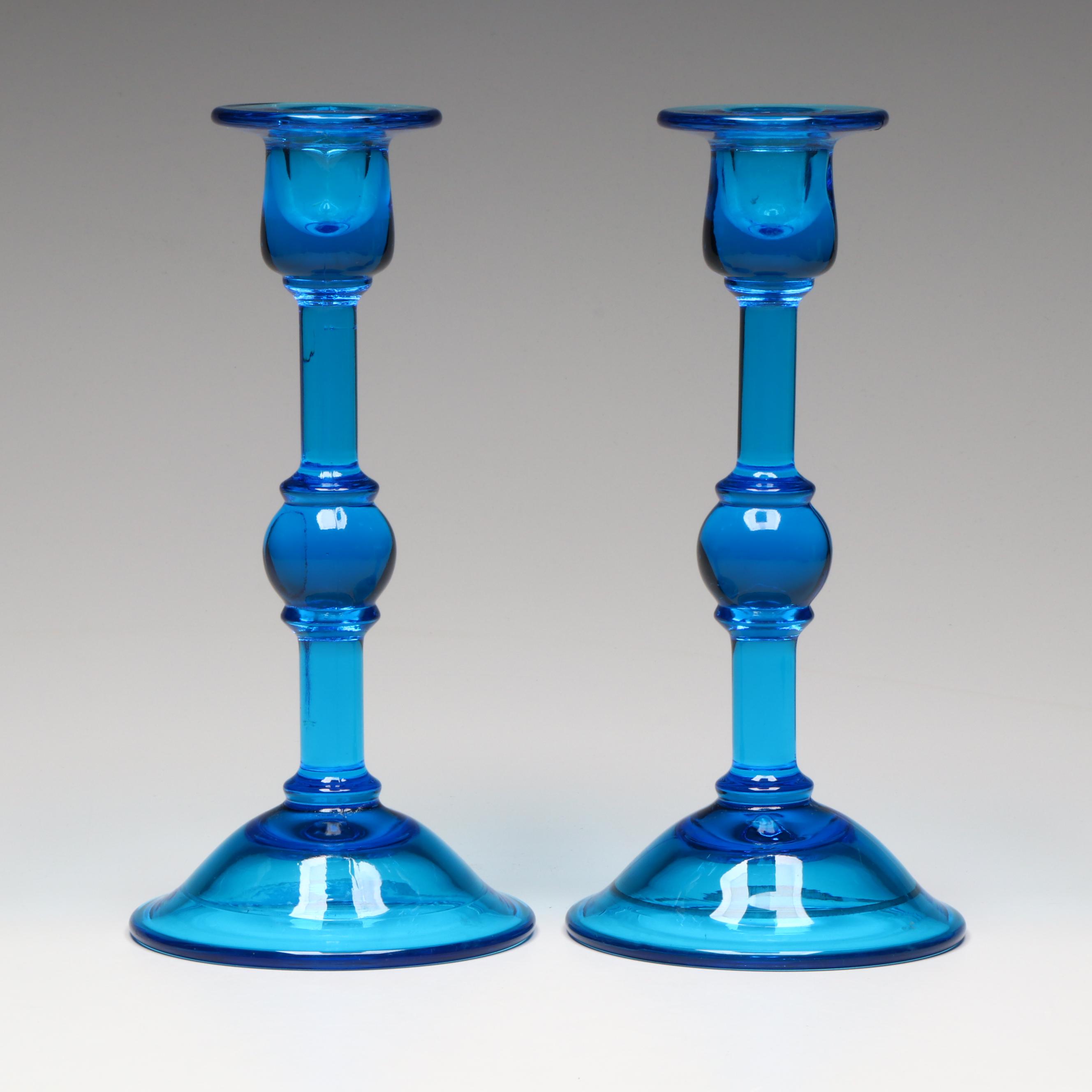 Pair of Blue Pressed Glass Candlesticks