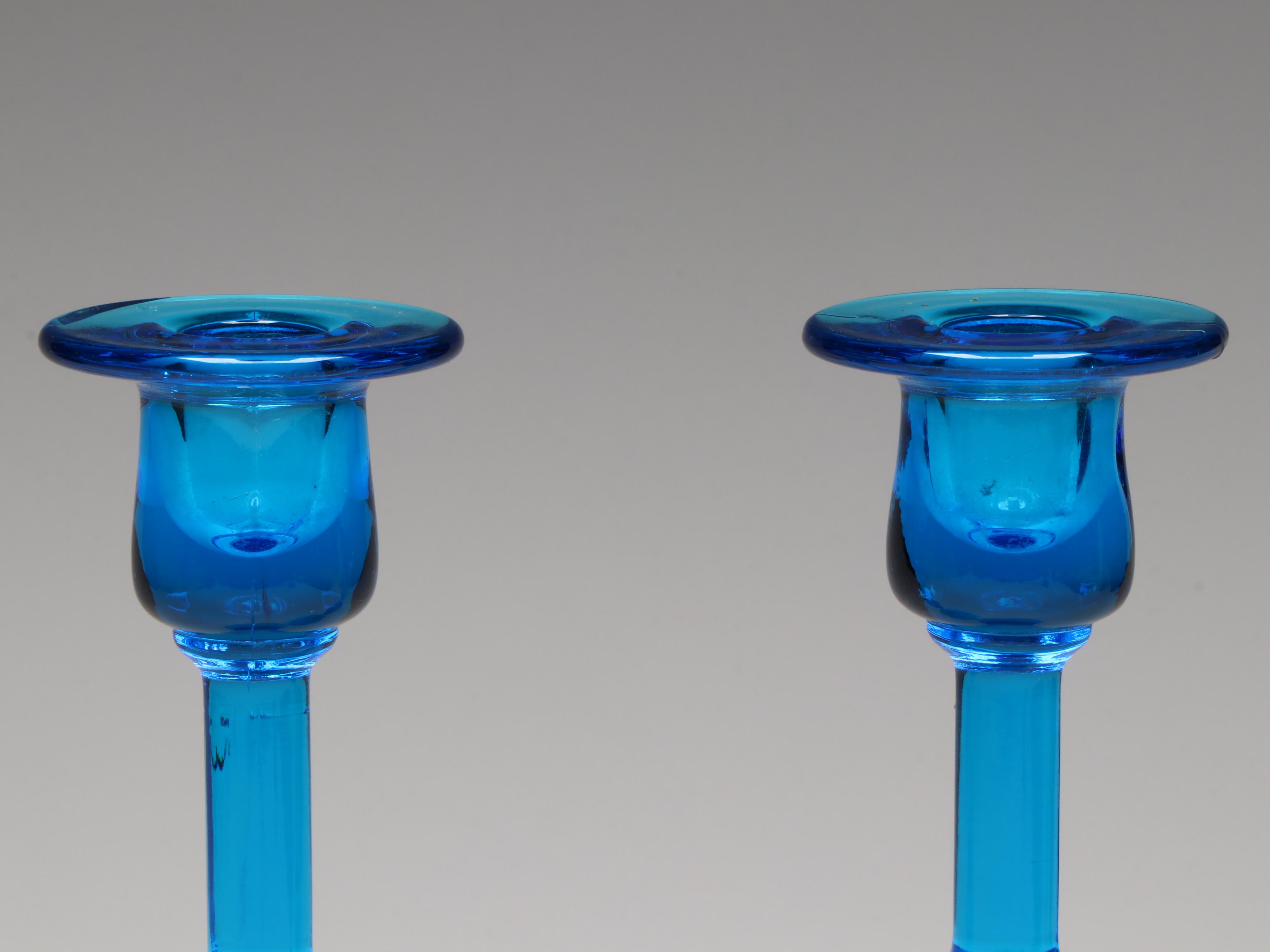 Pair of Blue Pressed Glass Candlesticks