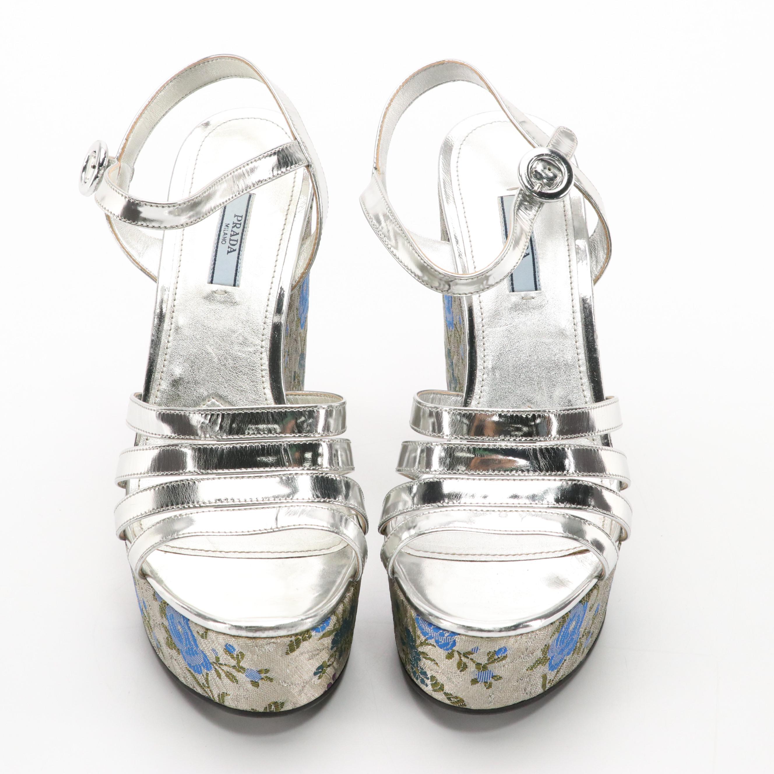Prada Silver Metallic Leather and Floral Jacquard Platform Wedge Sandals