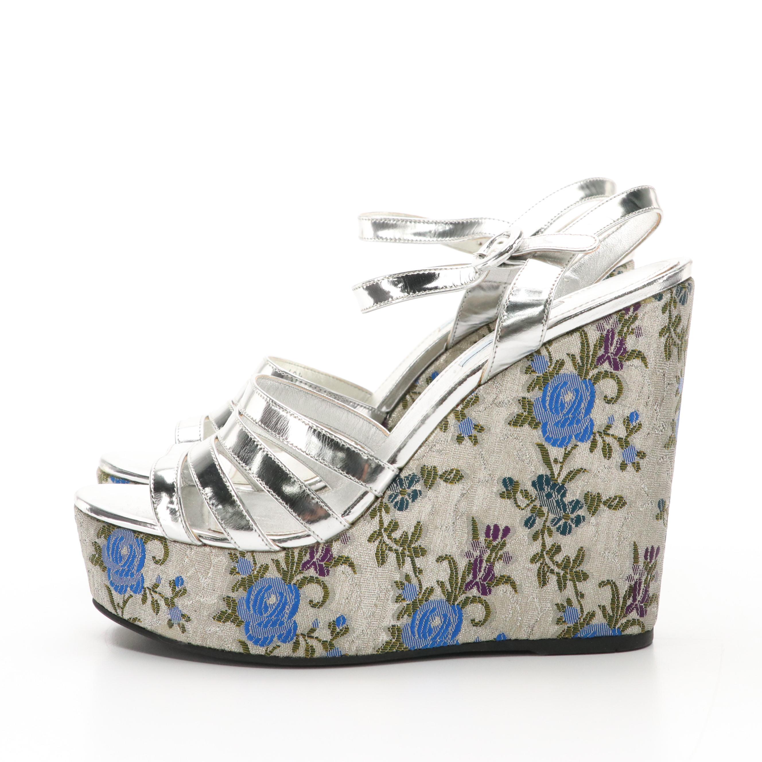 Prada Silver Metallic Leather and Floral Jacquard Platform Wedge Sandals