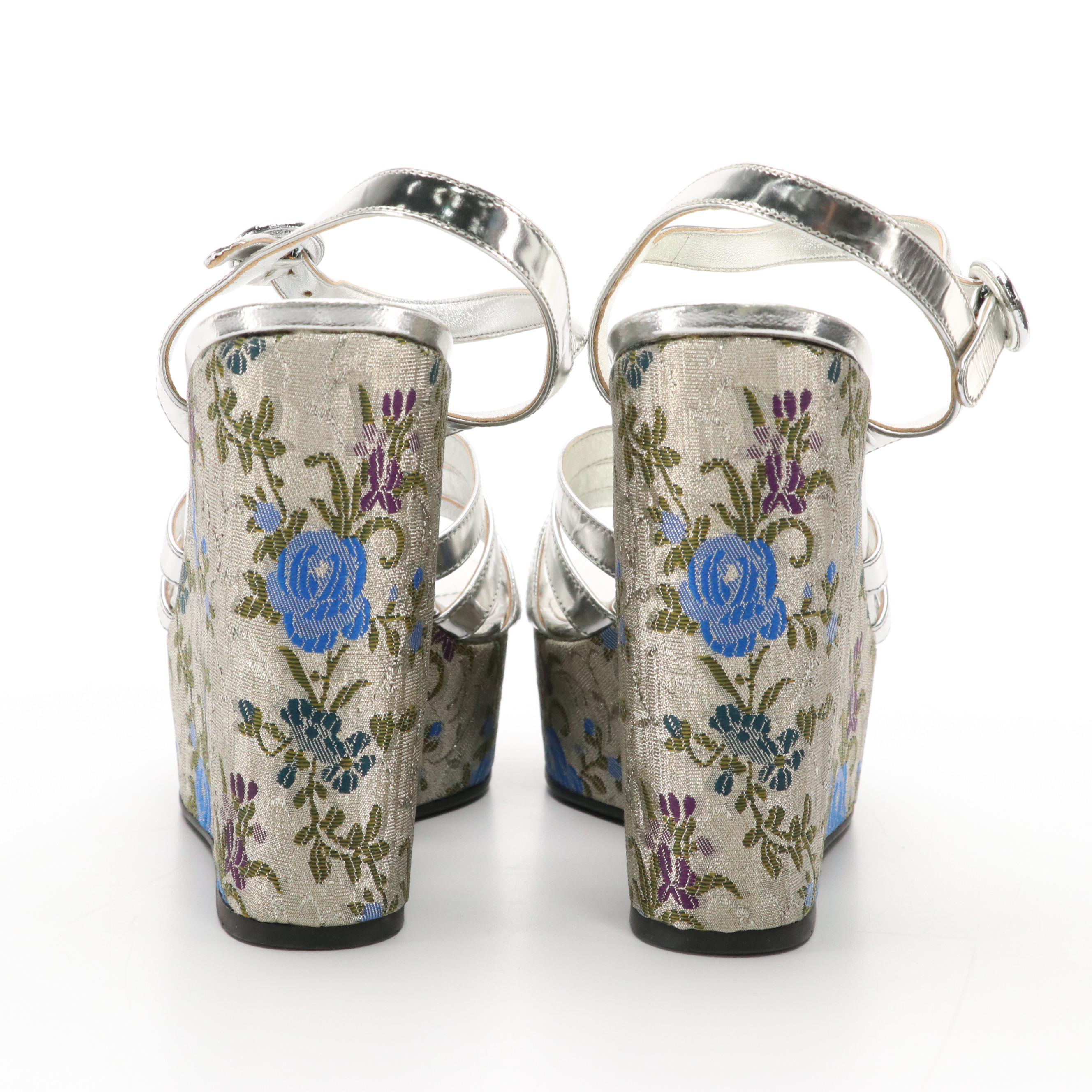 Prada Silver Metallic Leather and Floral Jacquard Platform Wedge Sandals