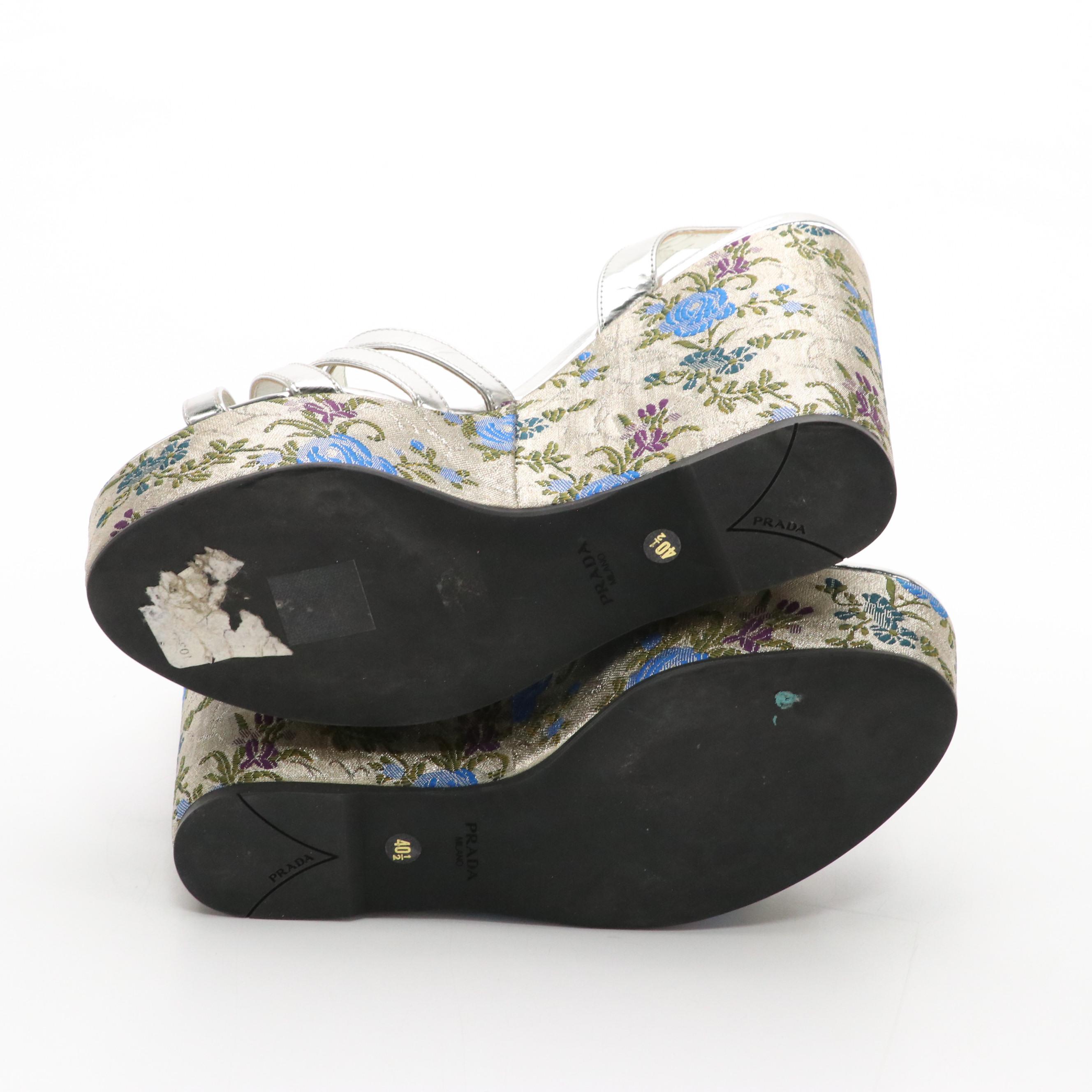 Prada Silver Metallic Leather and Floral Jacquard Platform Wedge Sandals