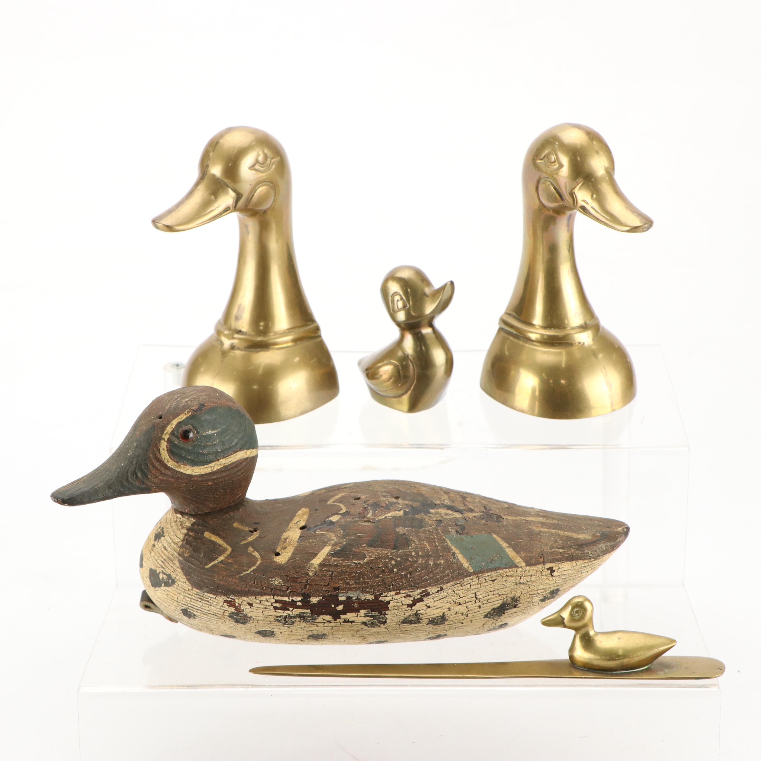 Handcrafted "Green Wing Teal" Duck Decoy with Brass Duck Office Accessories