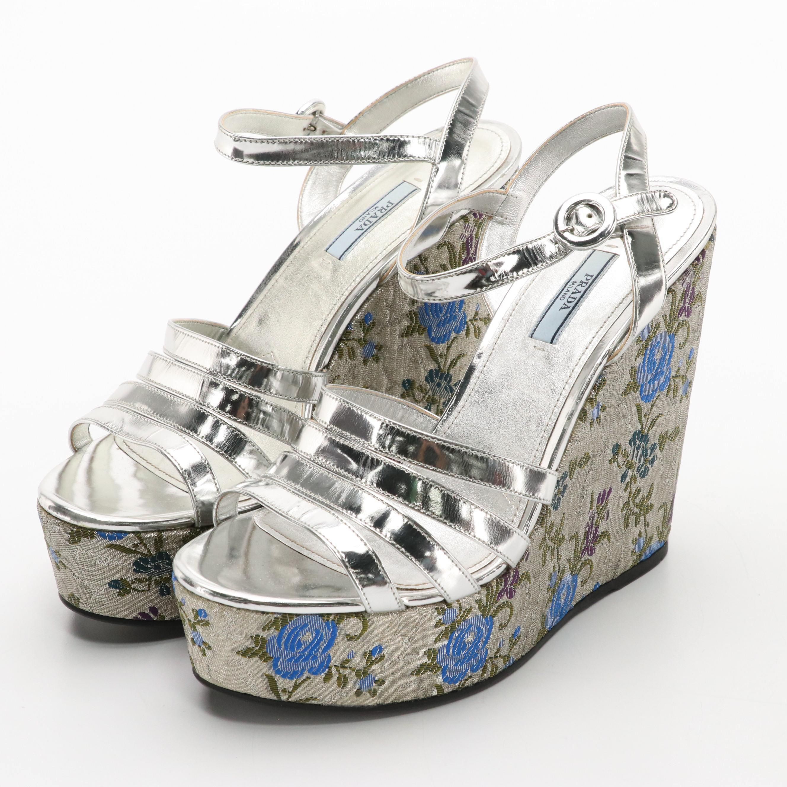 Prada Silver Metallic Leather and Floral Jacquard Platform Wedge Sandals