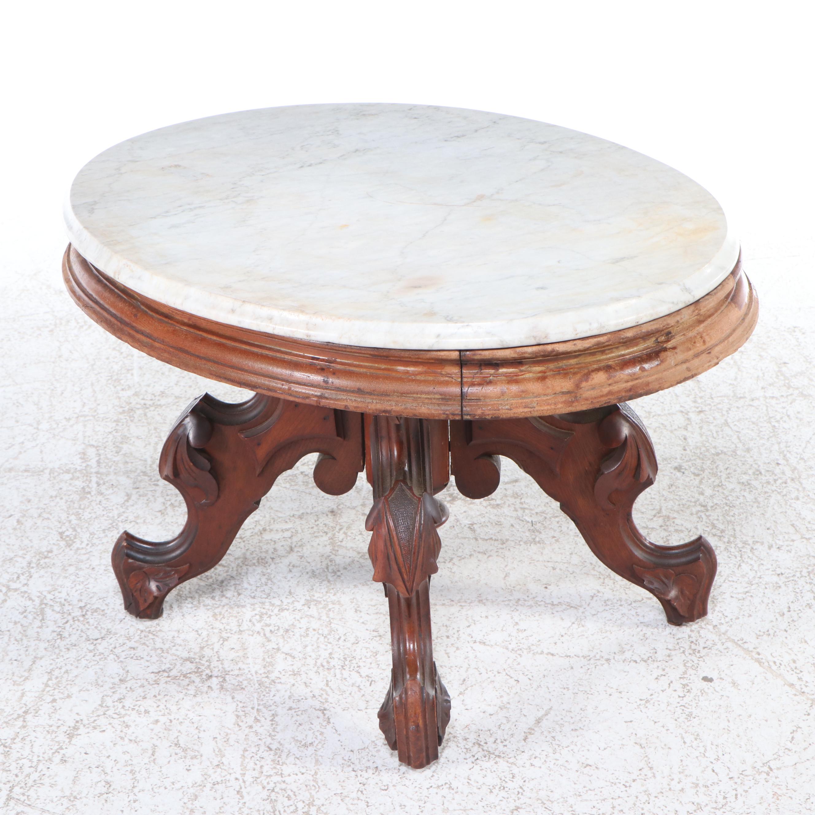 Victorian Marble Top Carved Wood Coffee Table, Late 19th/Early 20th Century