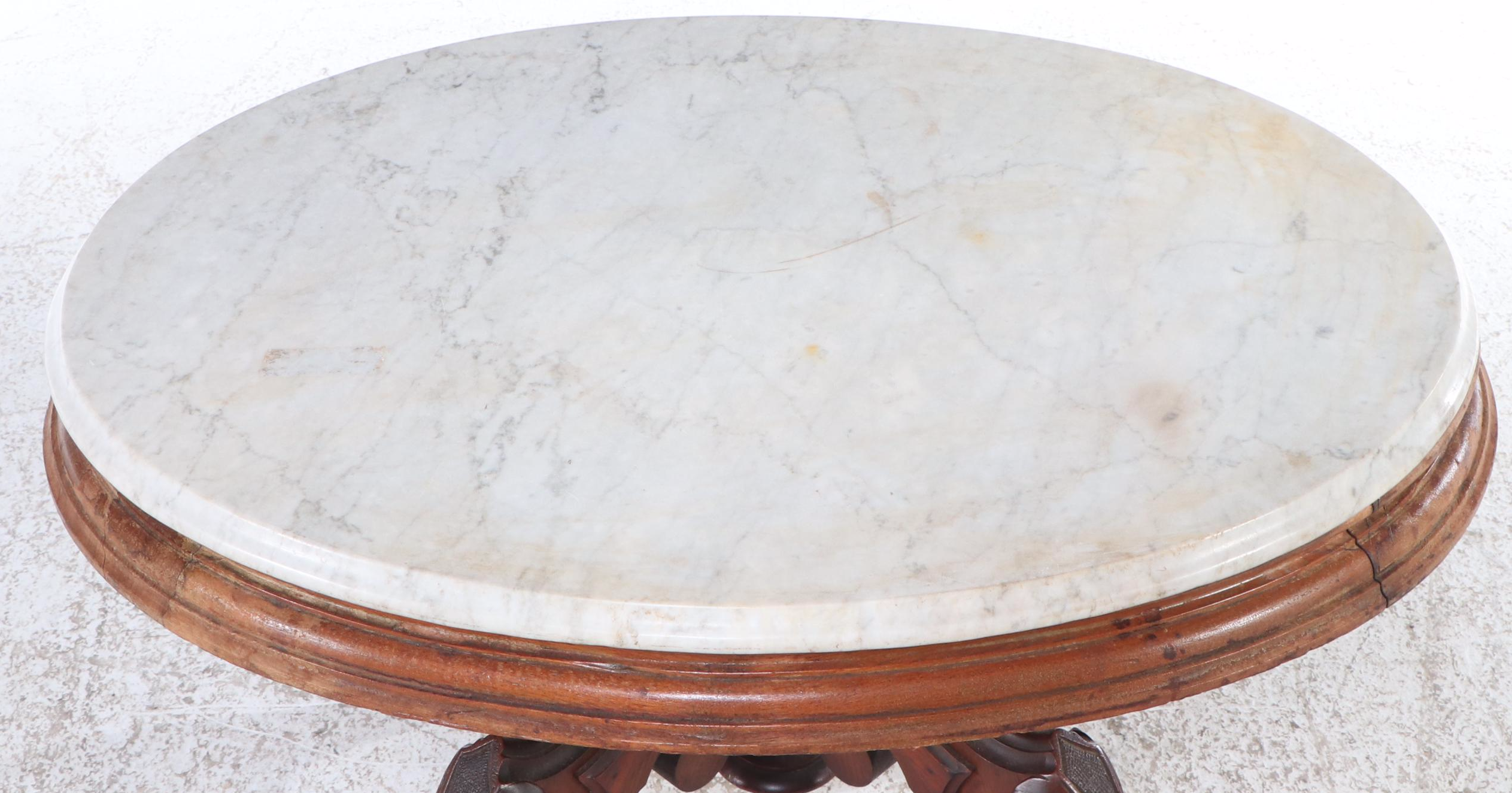 Victorian Marble Top Carved Wood Coffee Table, Late 19th/Early 20th Century