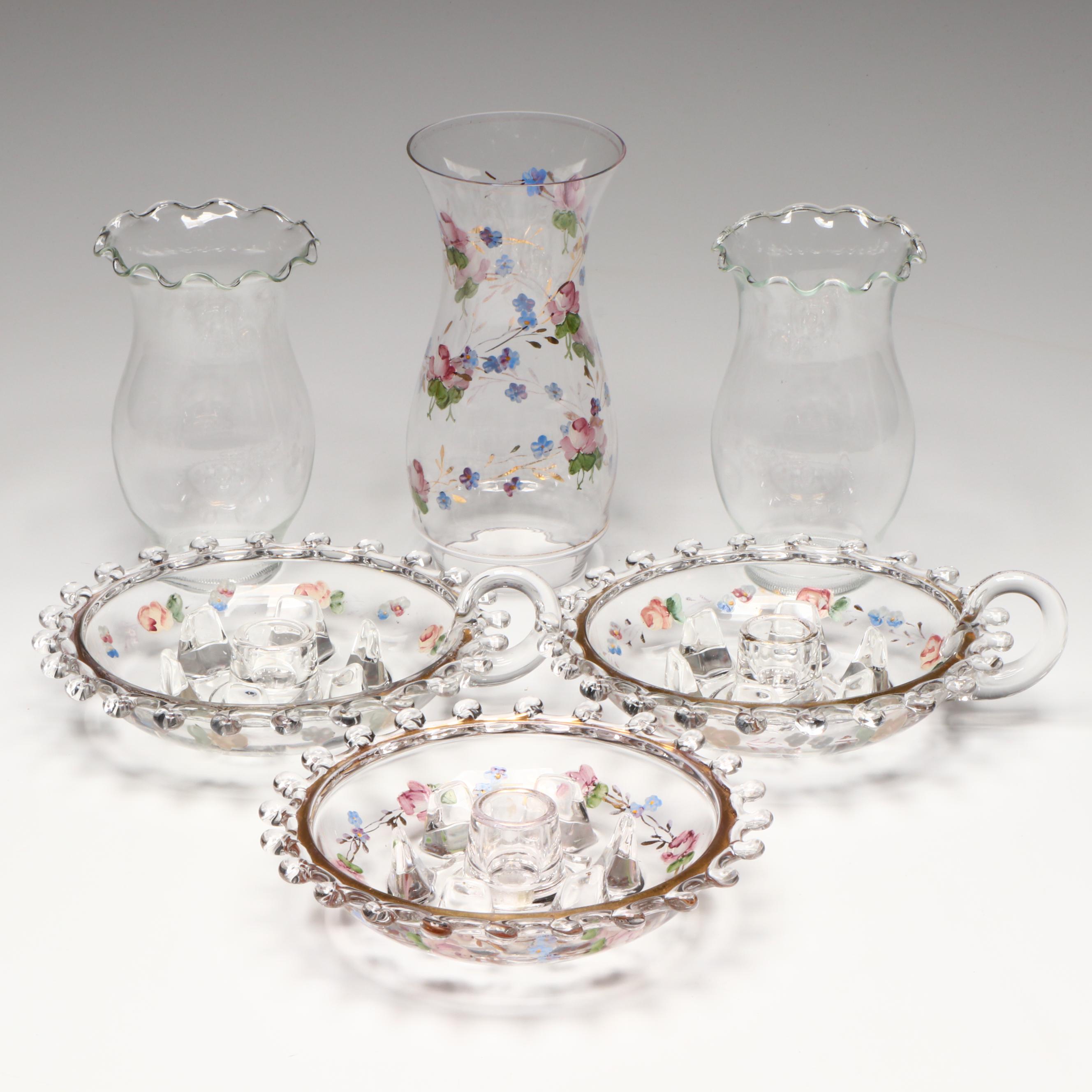 Heisey Glass "Charlton Roses" Decorated "Lariat" Hurricanes and More
