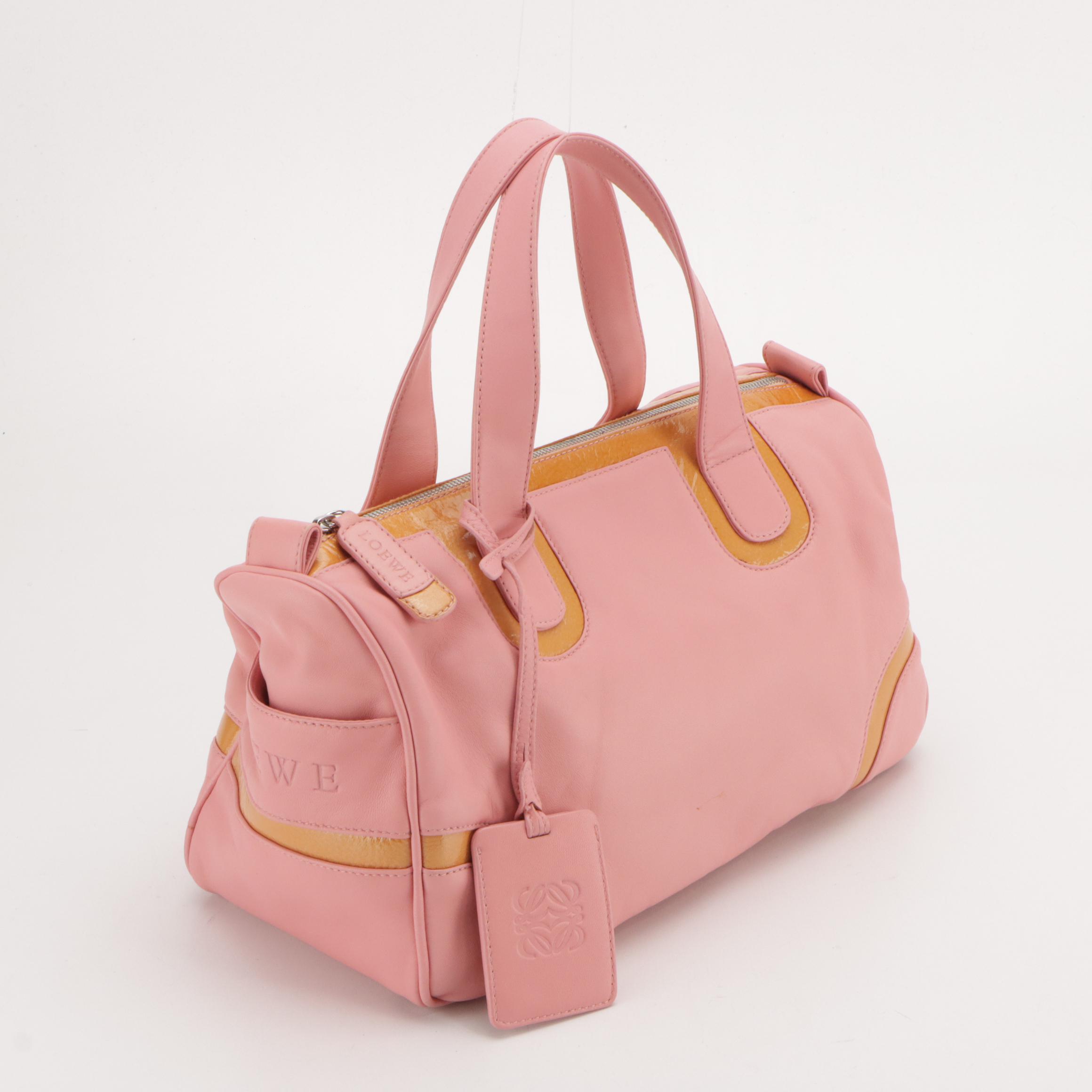 Loewe Top Handle Boston Bag in Blush Pink Leather and Tan Patent Leather Trim