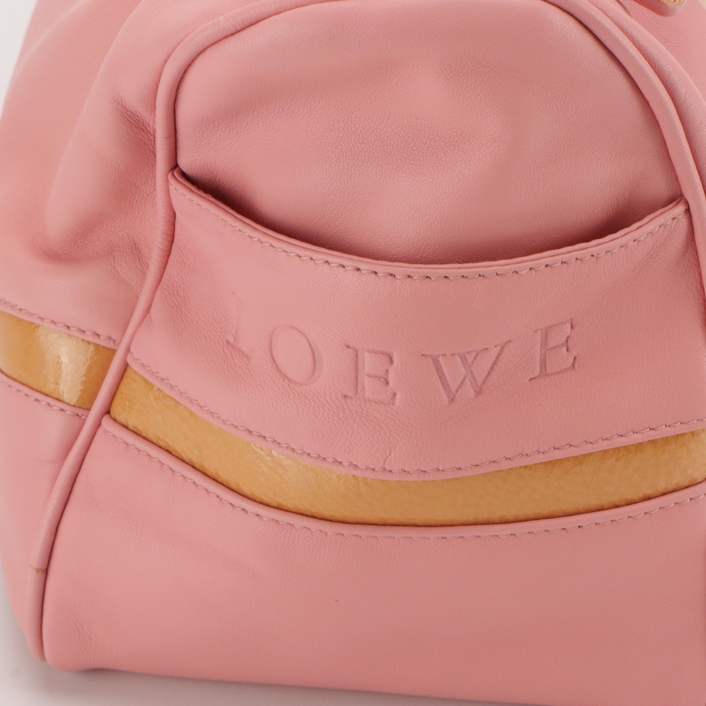 Loewe Top Handle Boston Bag in Blush Pink Leather and Tan Patent Leather Trim