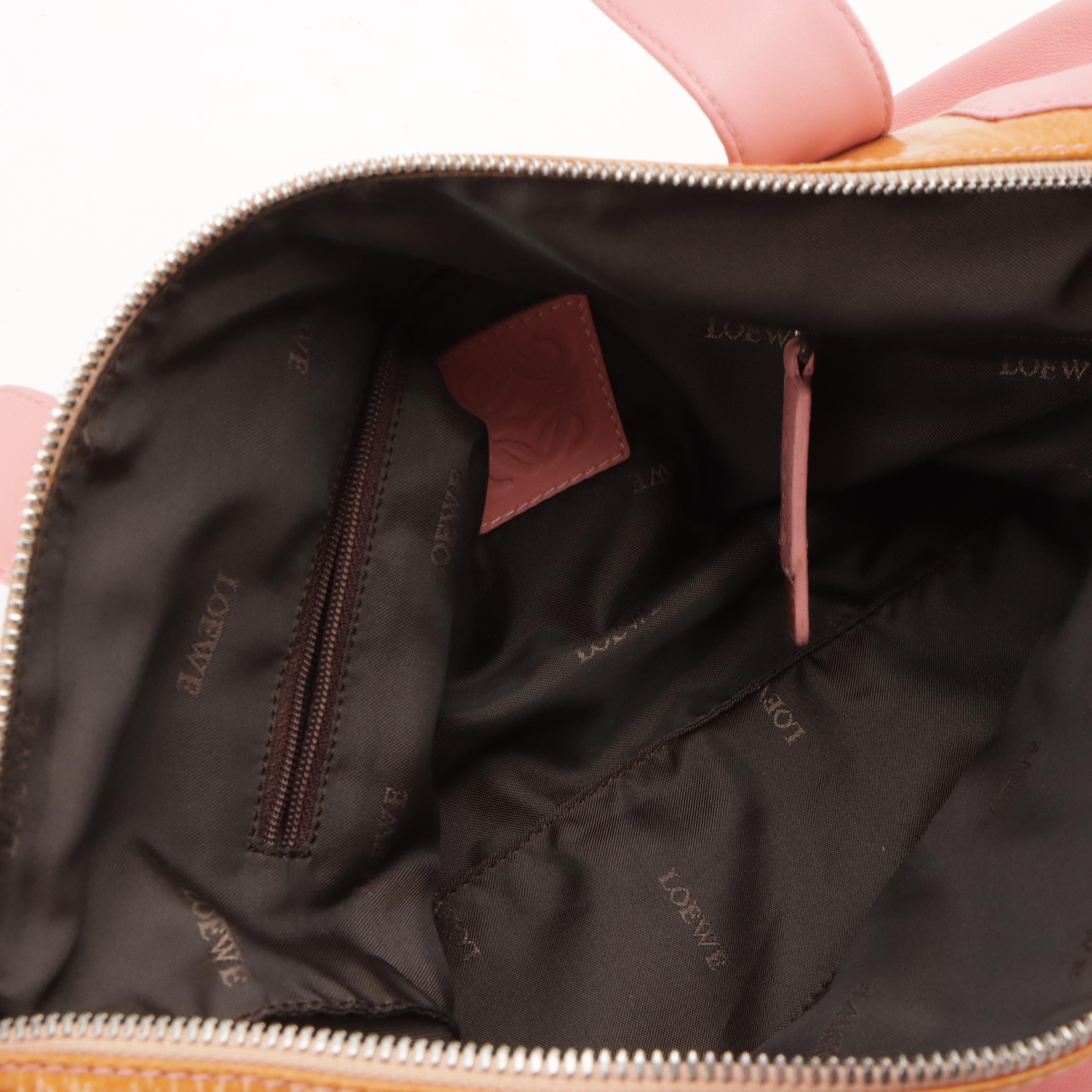 Loewe Top Handle Boston Bag in Blush Pink Leather and Tan Patent Leather Trim