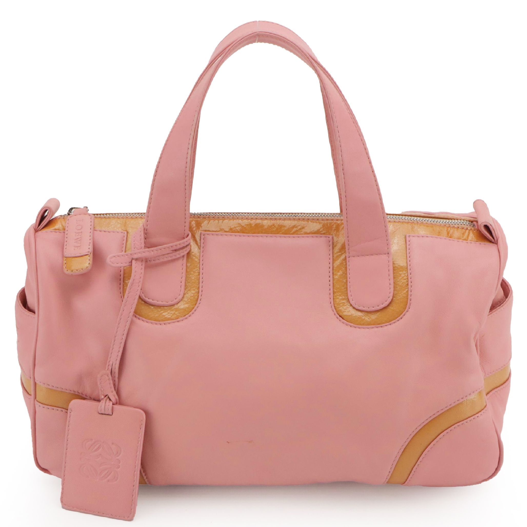 Loewe Top Handle Boston Bag in Blush Pink Leather and Tan Patent Leather Trim