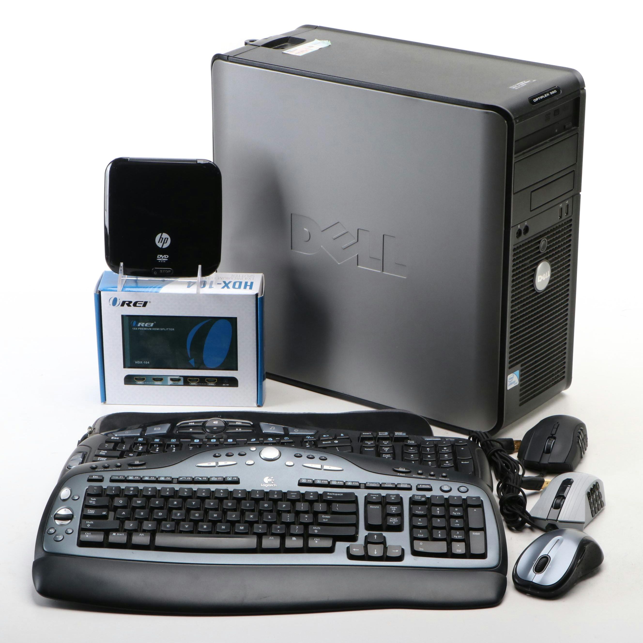 Dell Optiplex 380 Tower with Mouses, Ergonomic Keyboards, DVD Player and More