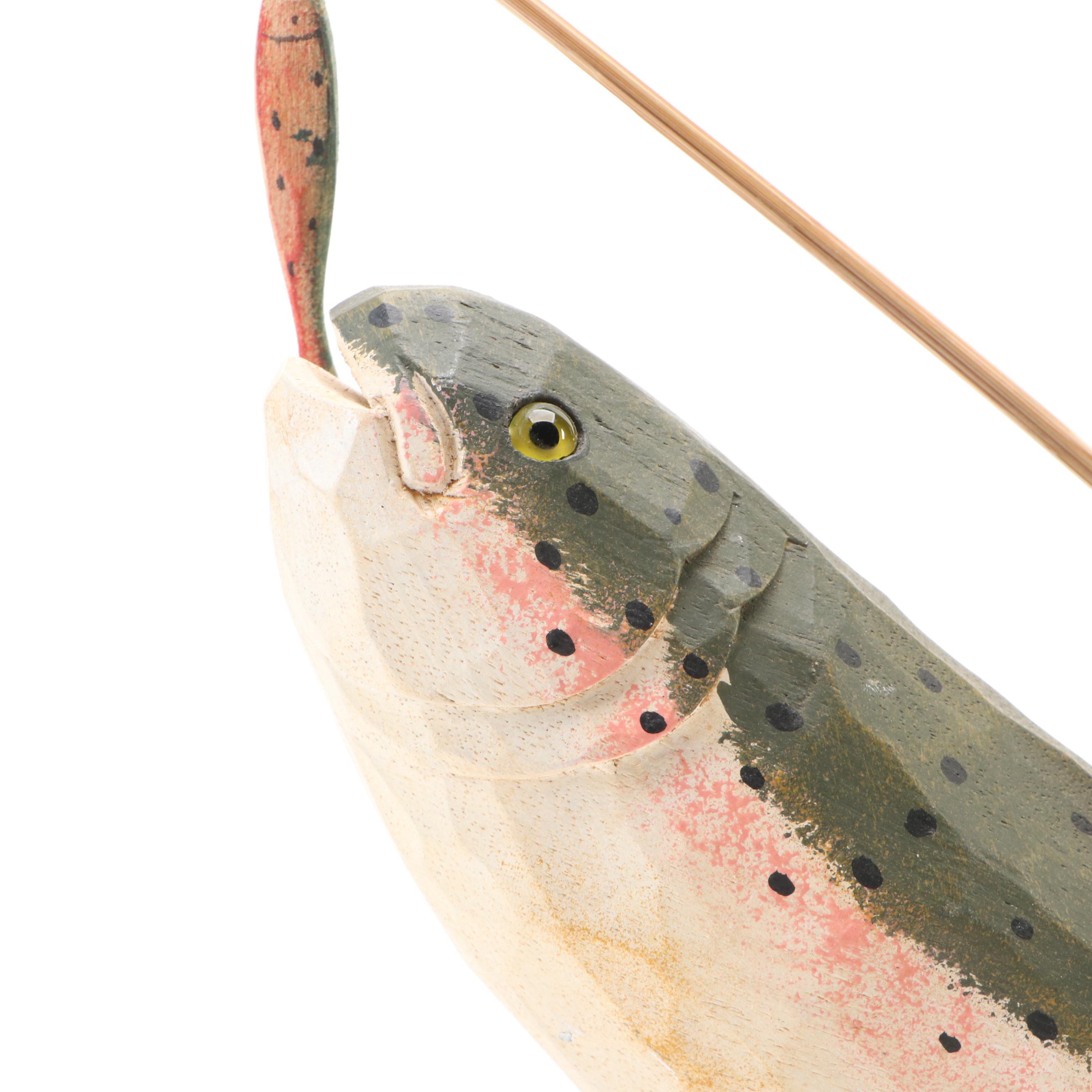 James Haddon Folk Art Style Wooden Santa and Fish Figurine