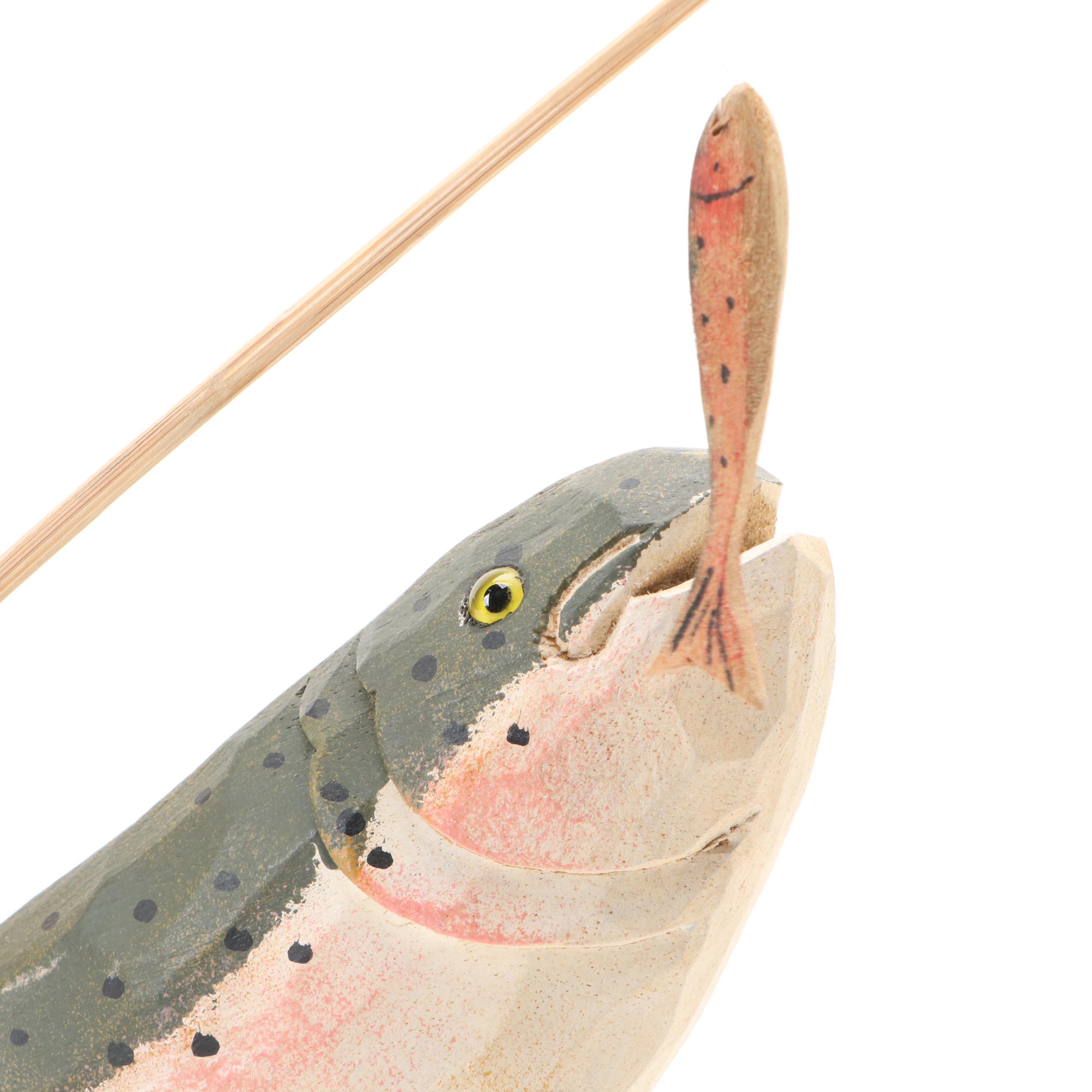 James Haddon Folk Art Style Wooden Santa and Fish Figurine