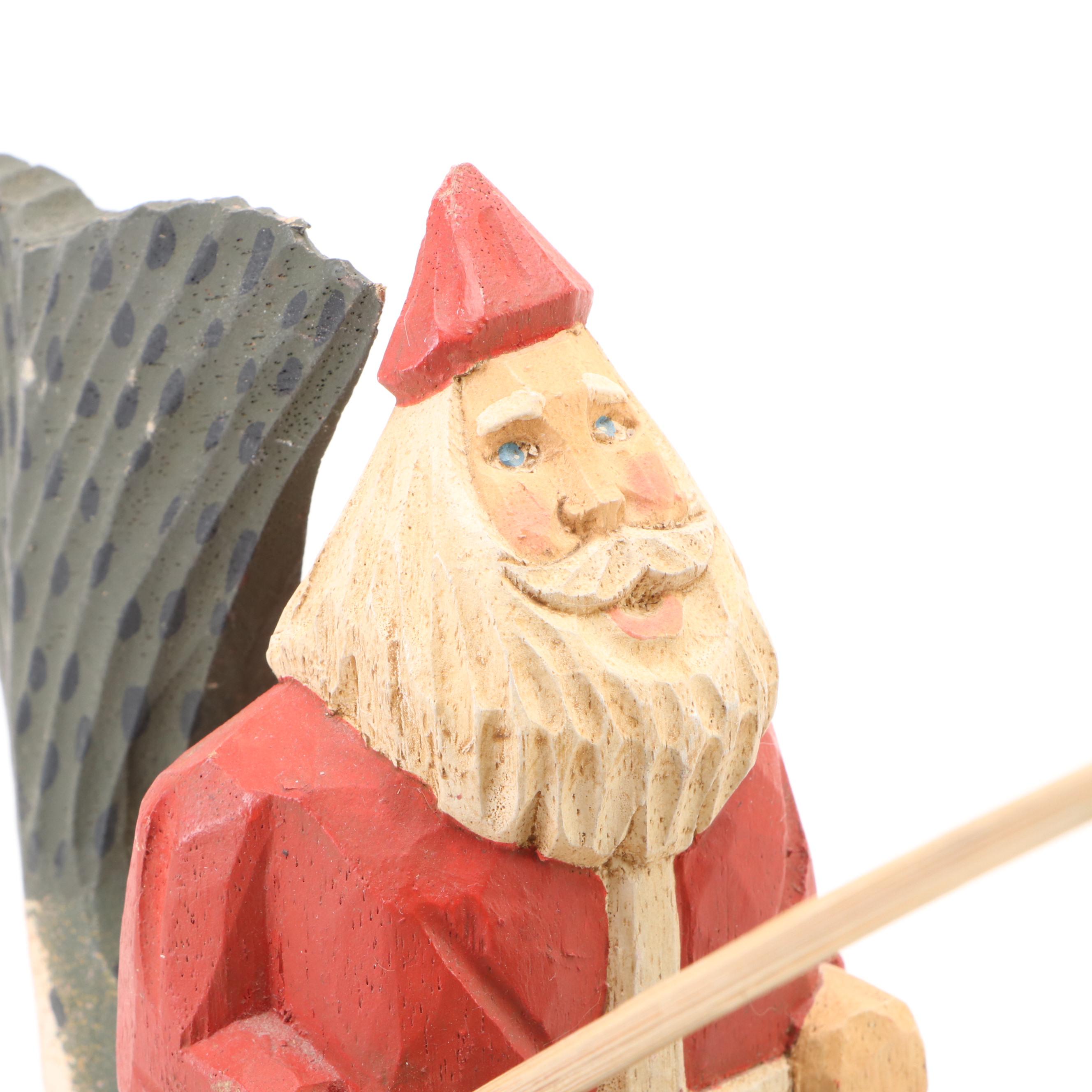 James Haddon Folk Art Style Wooden Santa and Fish Figurine