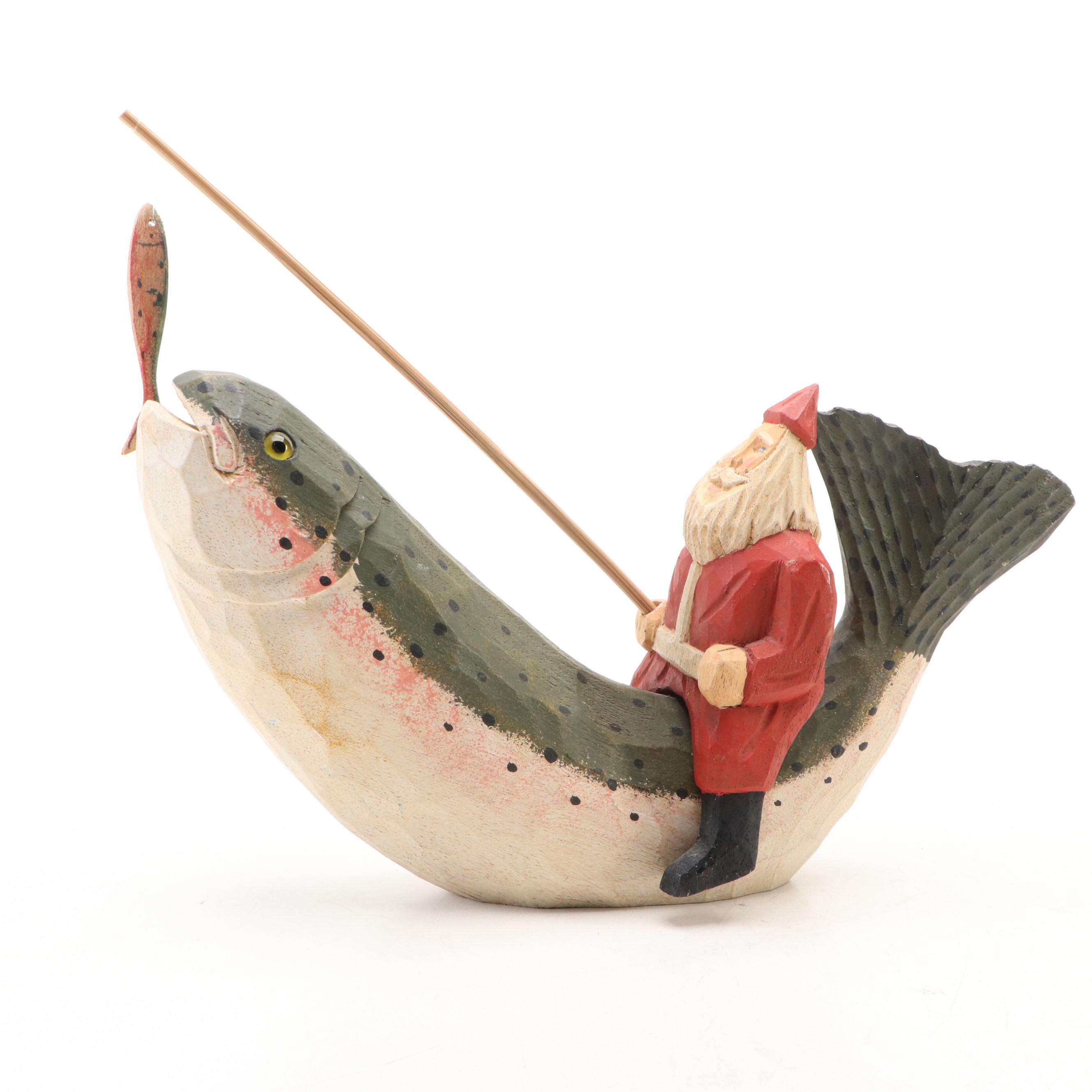 James Haddon Folk Art Style Wooden Santa and Fish Figurine