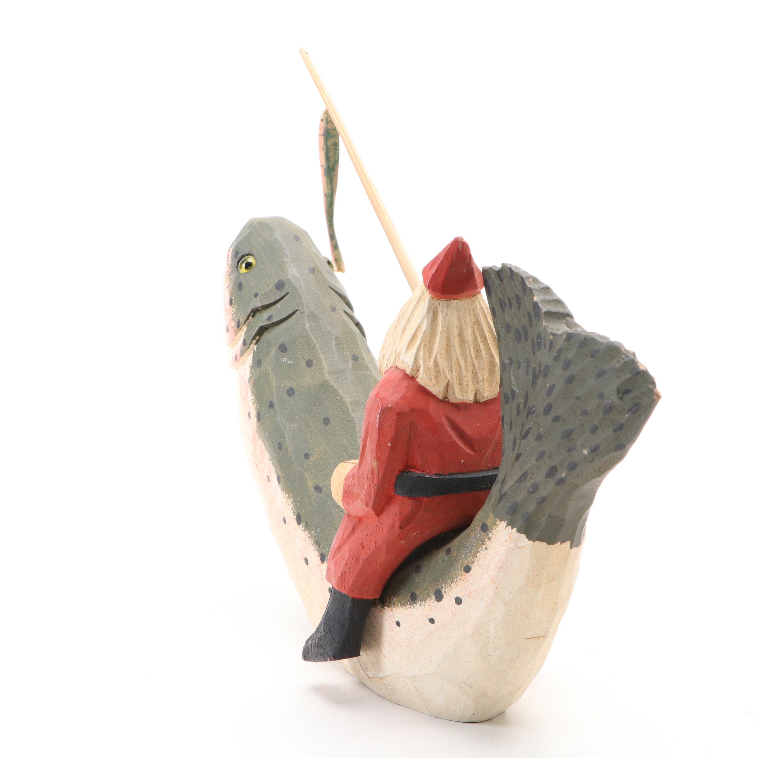 James Haddon Folk Art Style Wooden Santa and Fish Figurine