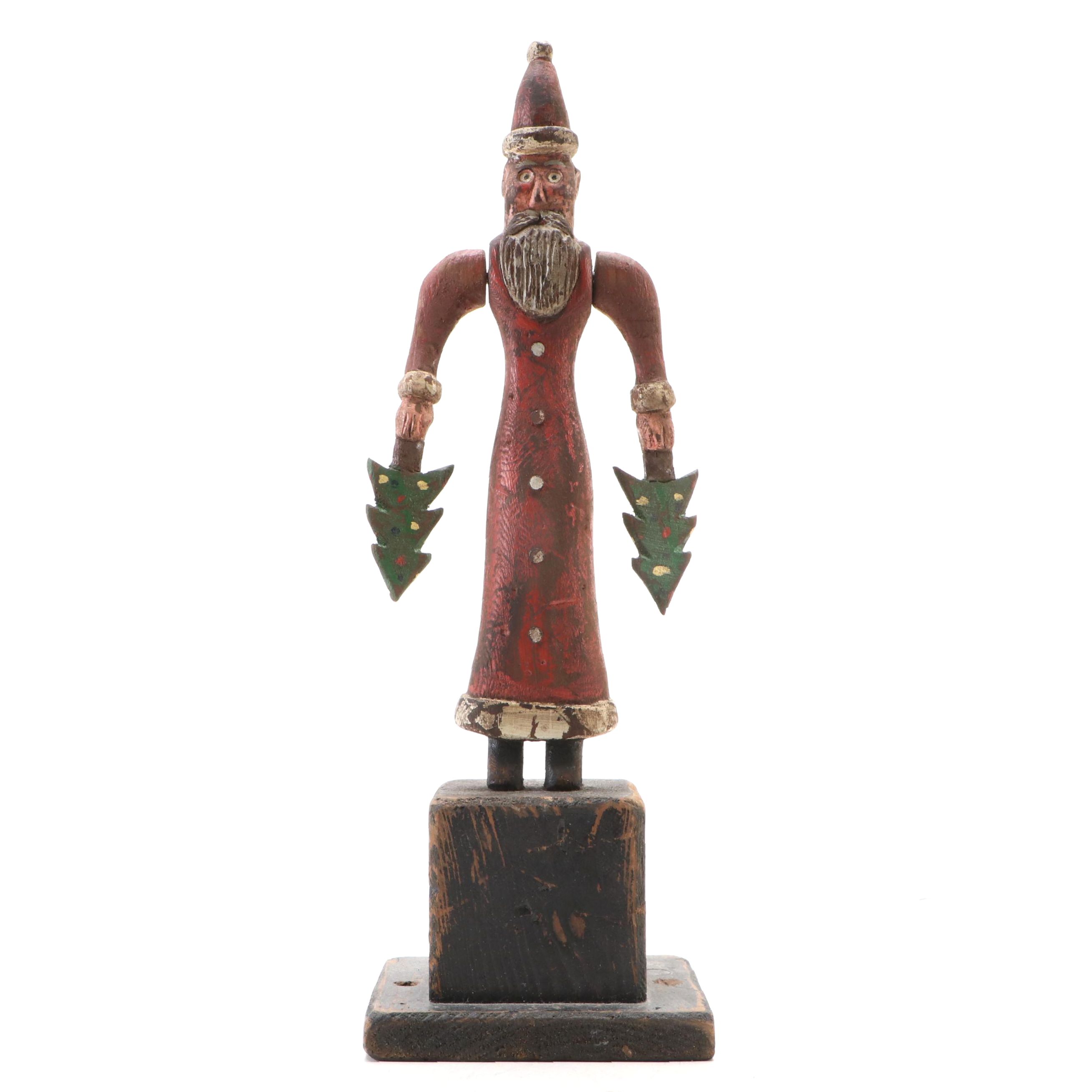 Artist Signed American Folk Art Polychrome Carved Wood Santa Figurine