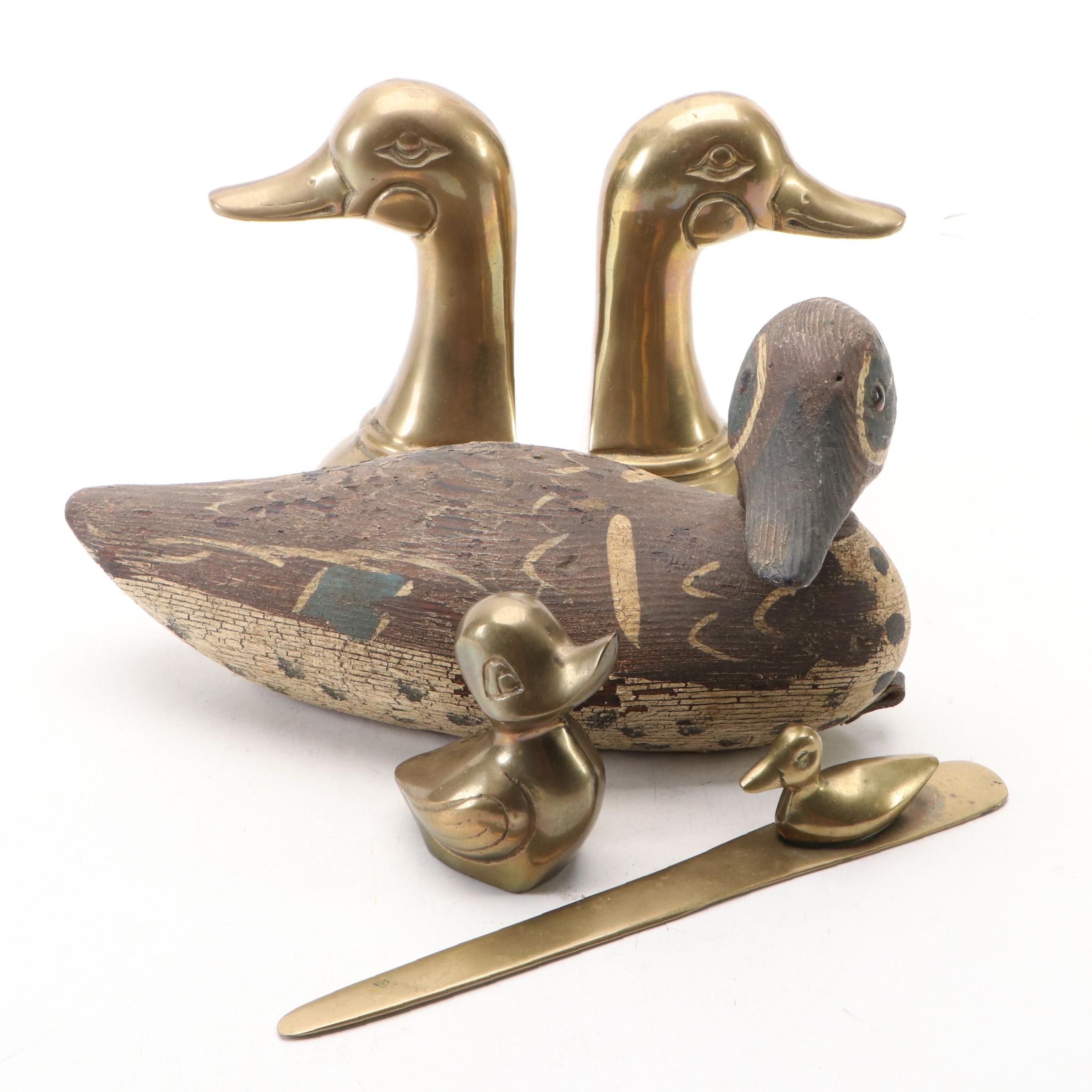 Handcrafted "Green Wing Teal" Duck Decoy with Brass Duck Office Accessories