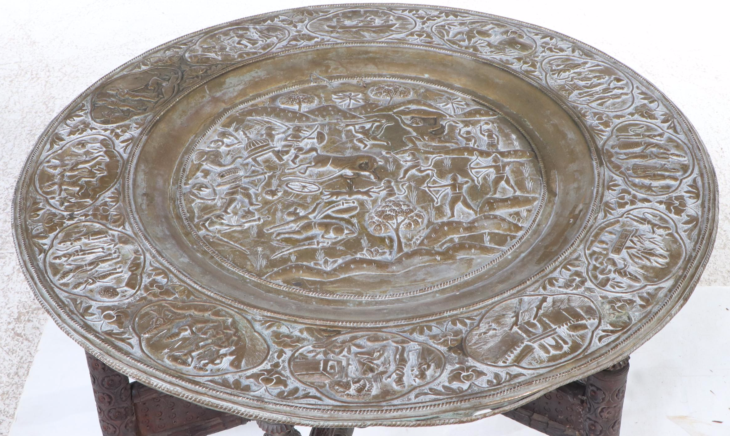 Middle Eastern Style Carved Wood and Brass Accent Table