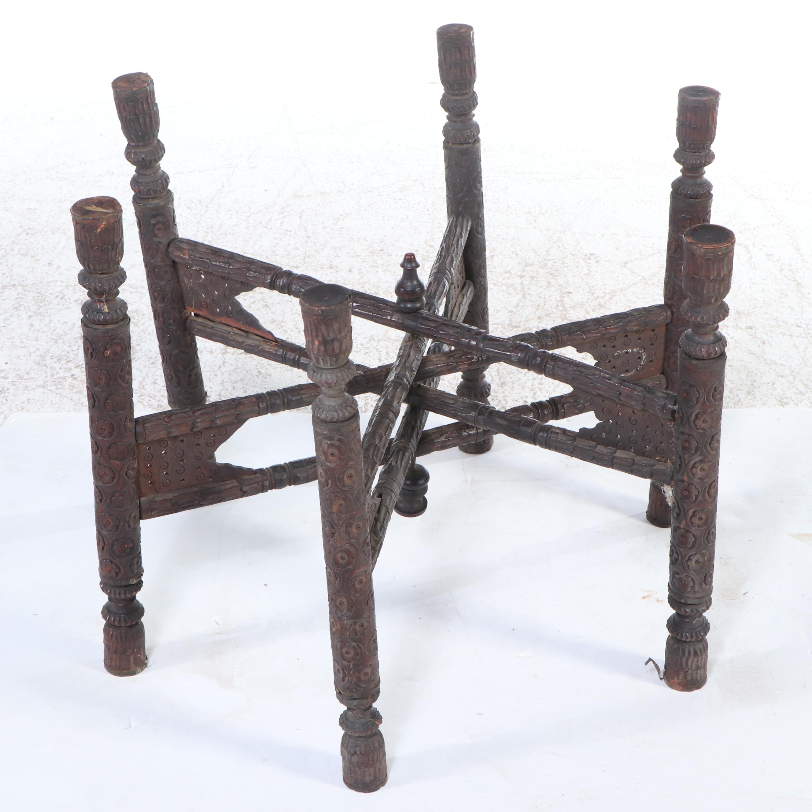 Middle Eastern Style Carved Wood and Brass Accent Table