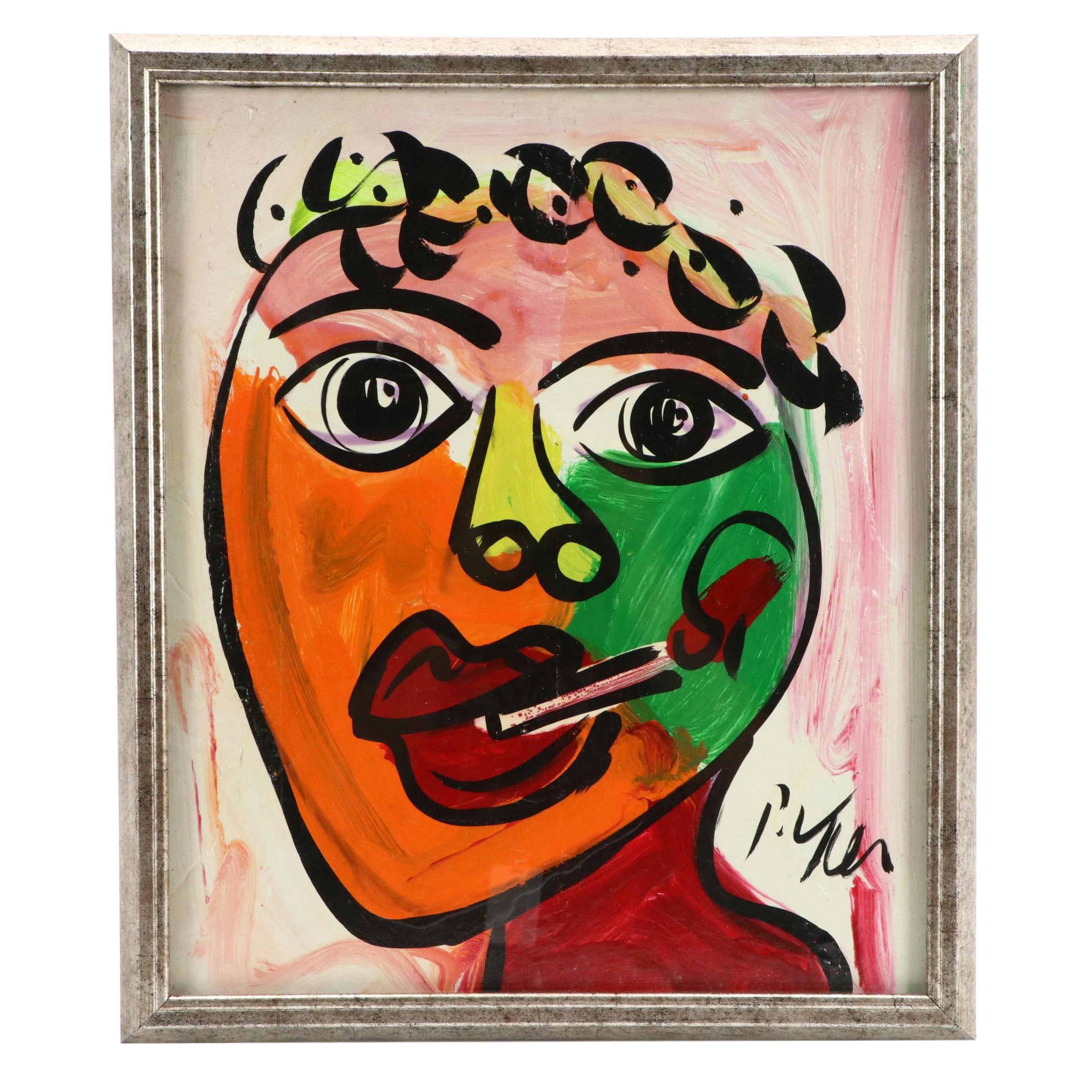 Peter Keil Abstract Portrait Acrylic Painting, Late 20th Century