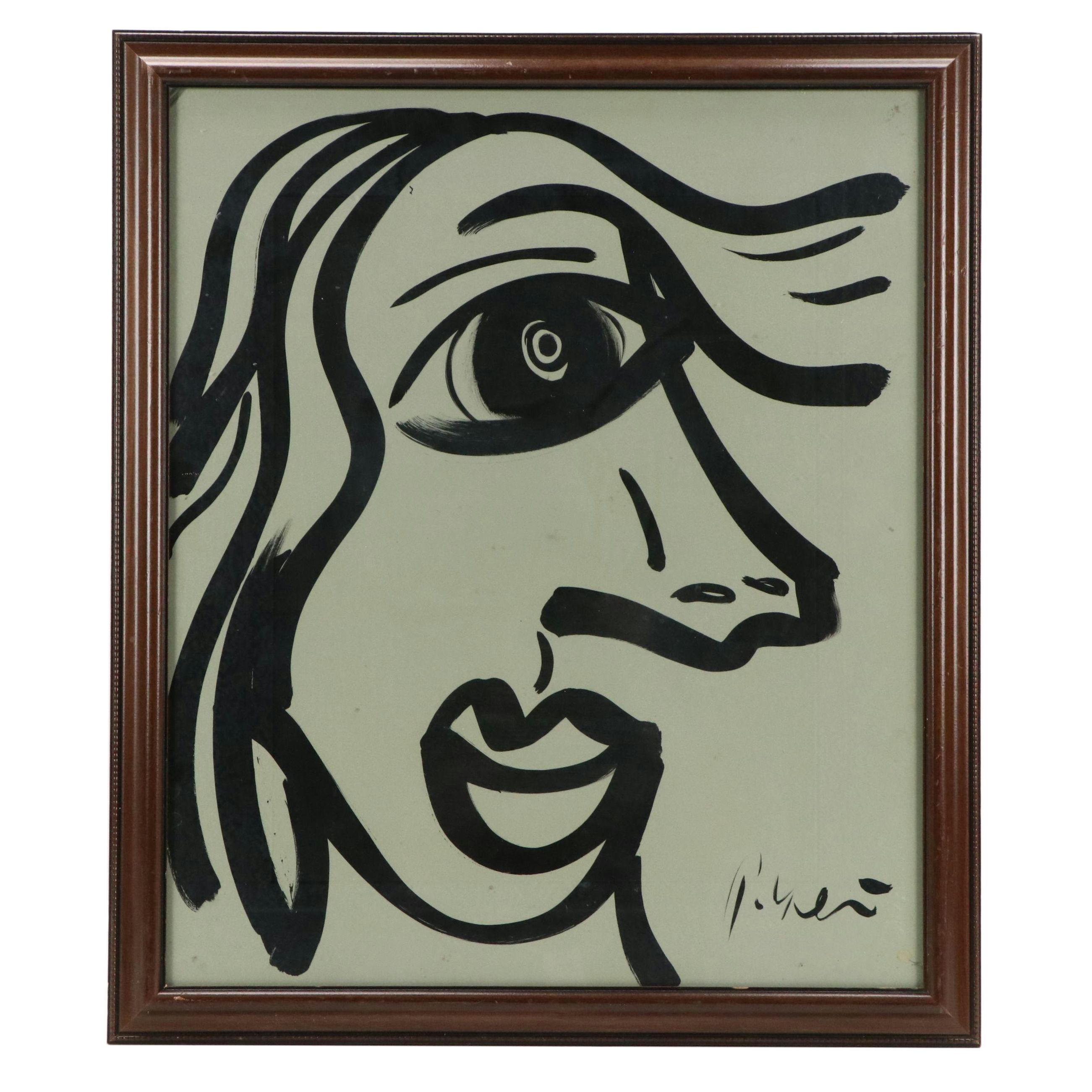 Peter Keil Abstract Portrait Acrylic Painting, Late 20th Century