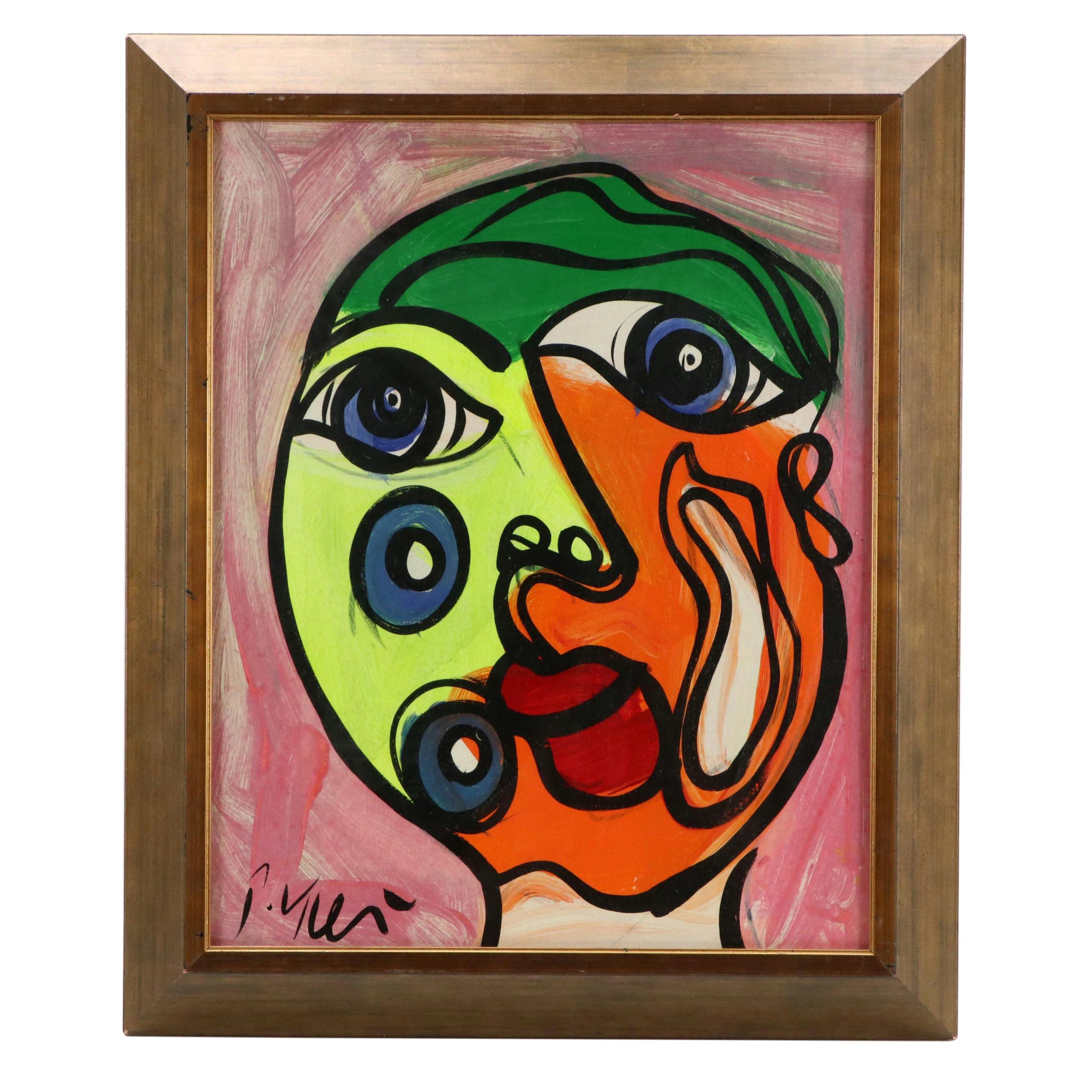 Peter Keil Abstract Portrait Acrylic Painting, Late 20th Century