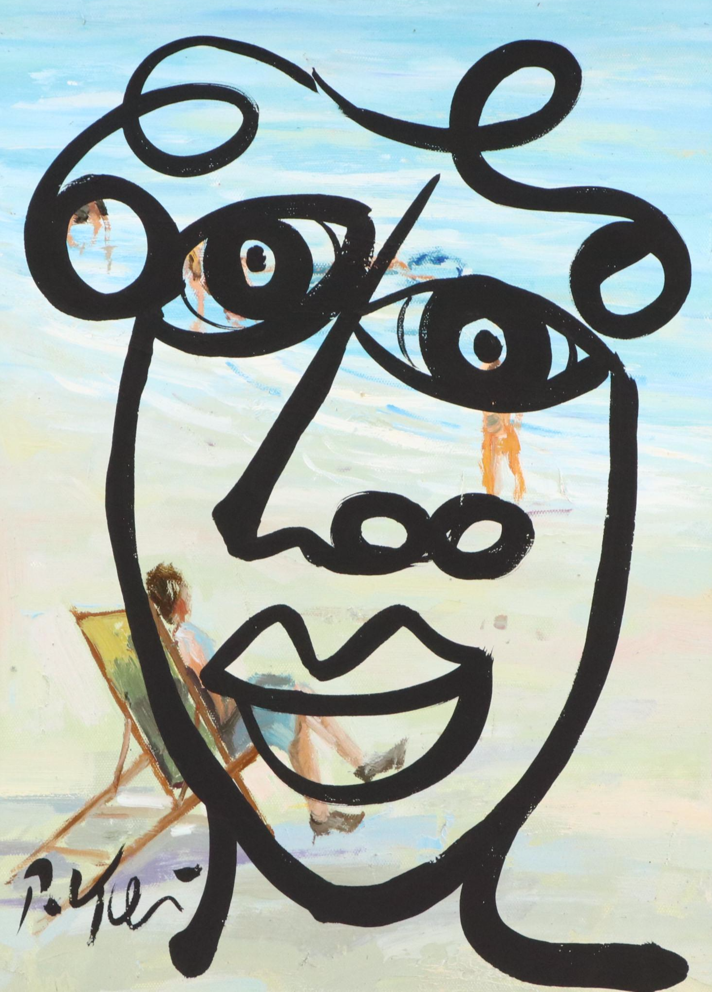 Peter Keil Abstract Portrait Acrylic Painting, Late 20th Century