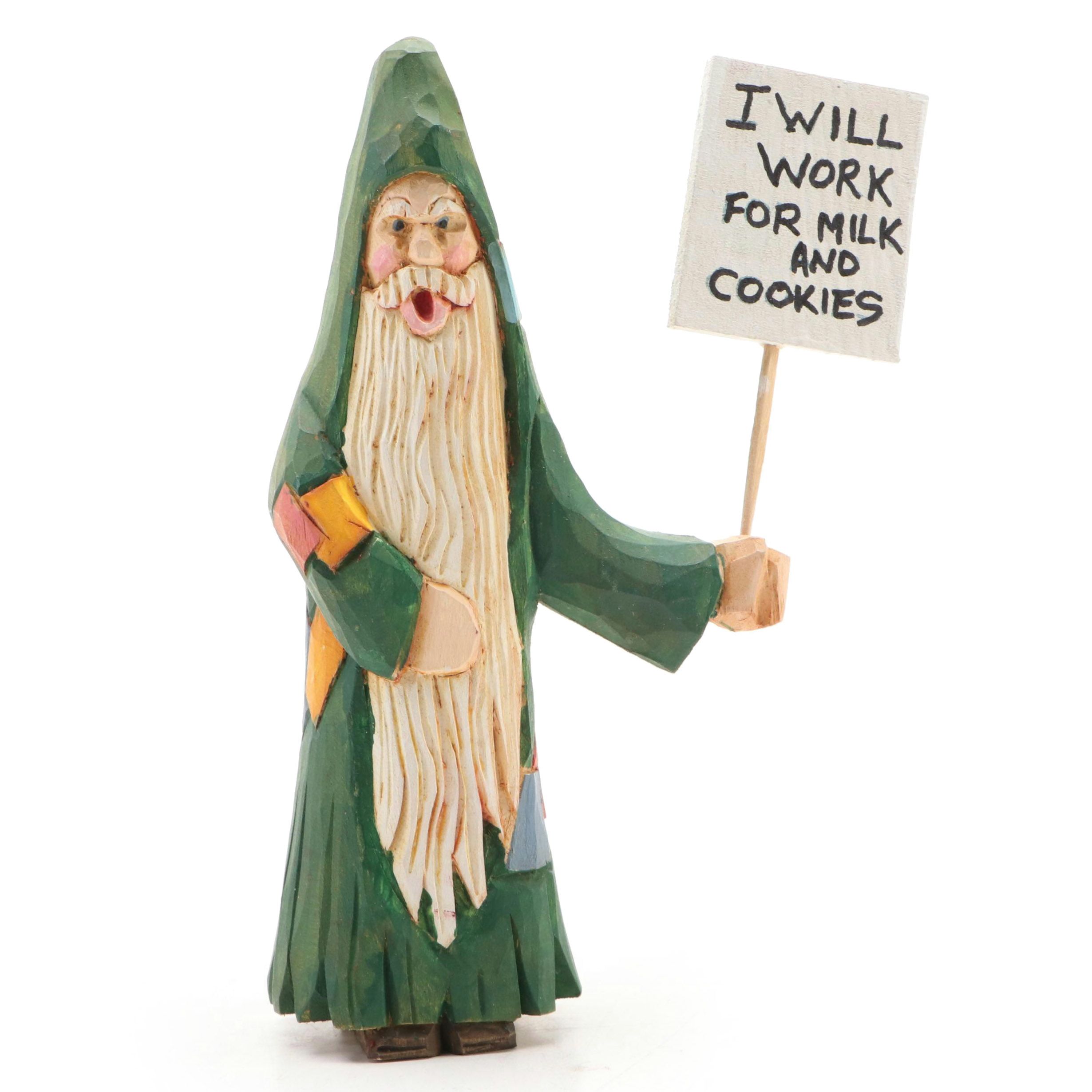 Ron Ransom Polychrome Carved Wood Santa Figurine, 1993