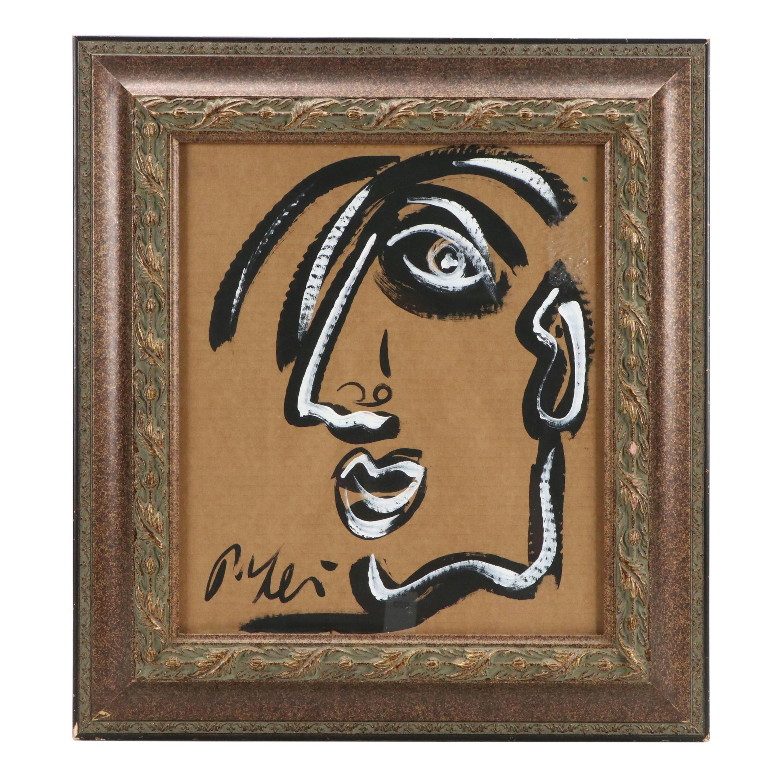 Peter Keil Abstract Portrait Acrylic Painting, Late 20th Century