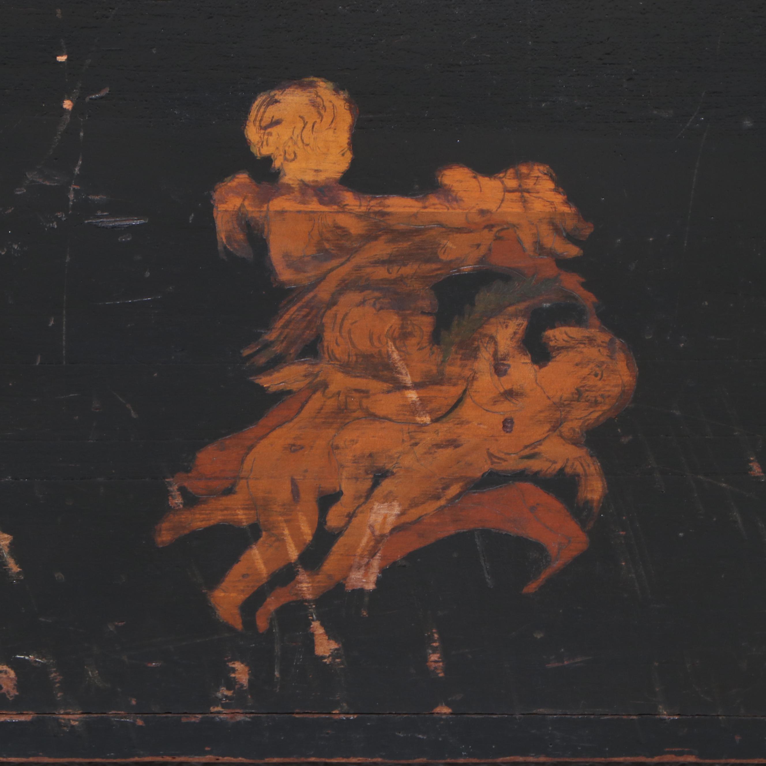 Victorian Paint-Decorated Wooden Flat Top Trunk, 19th Century