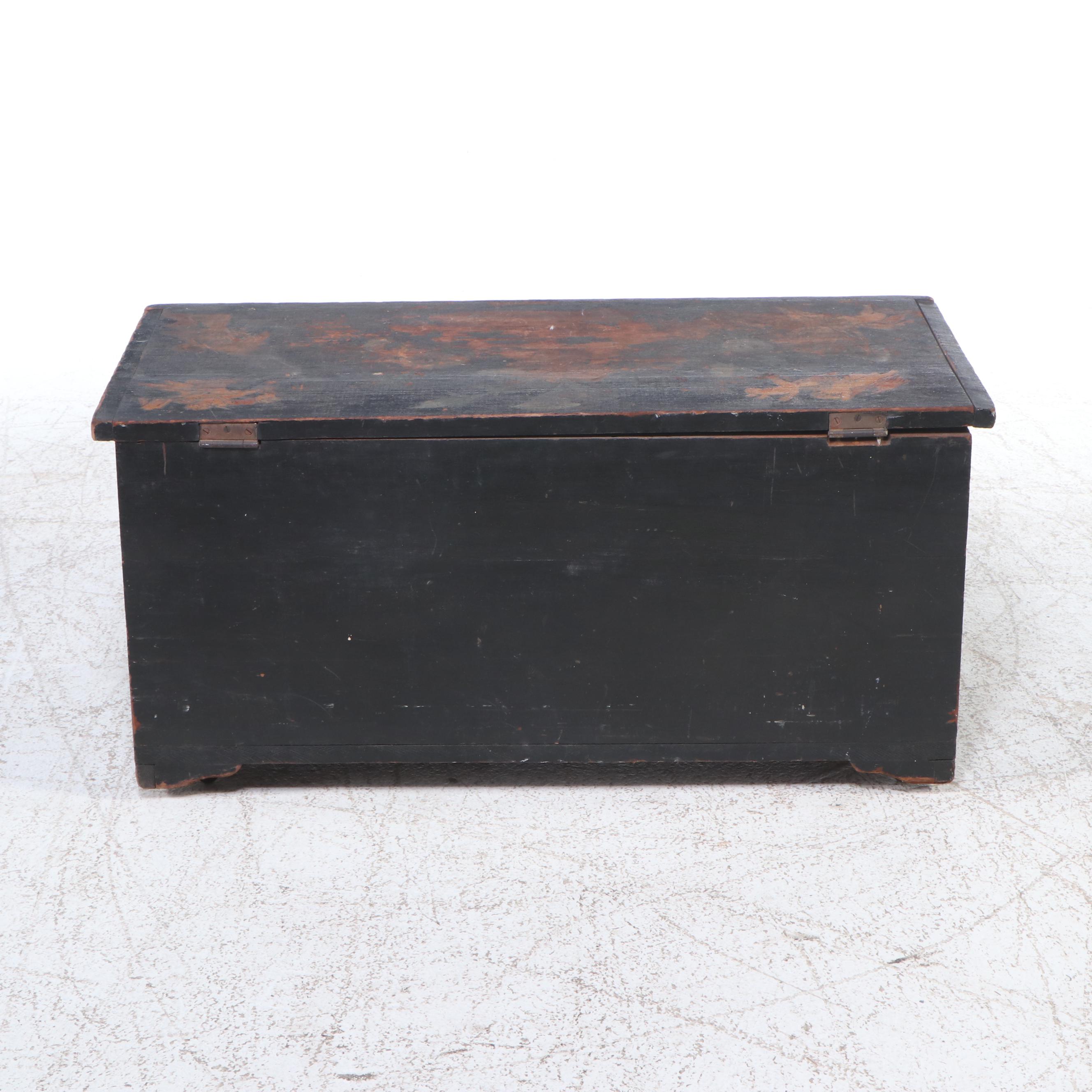 Victorian Paint-Decorated Wooden Flat Top Trunk, 19th Century