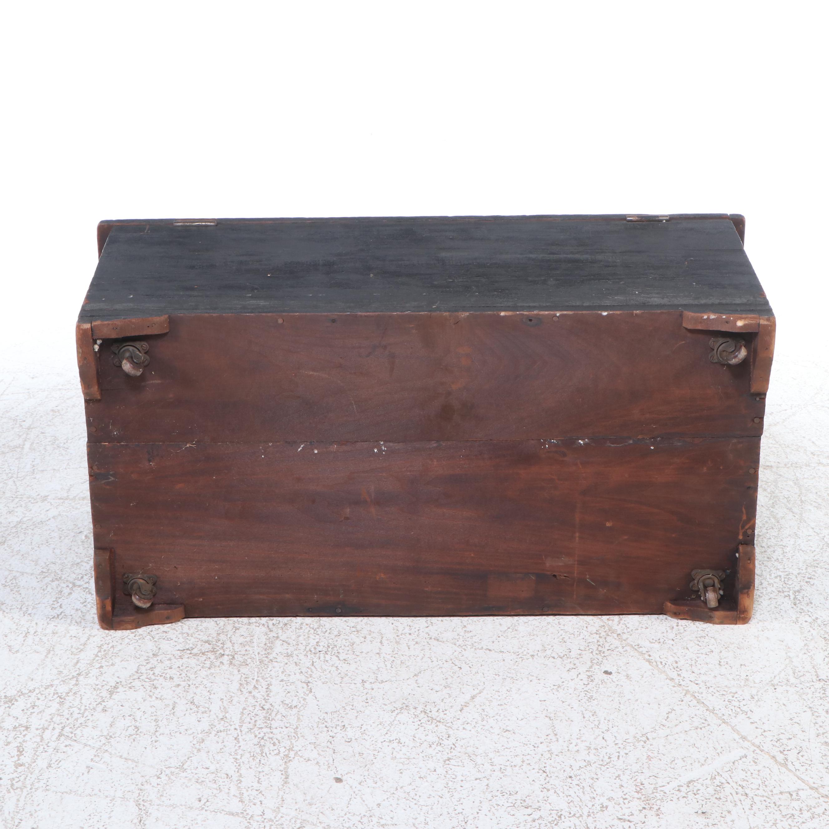 Victorian Paint-Decorated Wooden Flat Top Trunk, 19th Century
