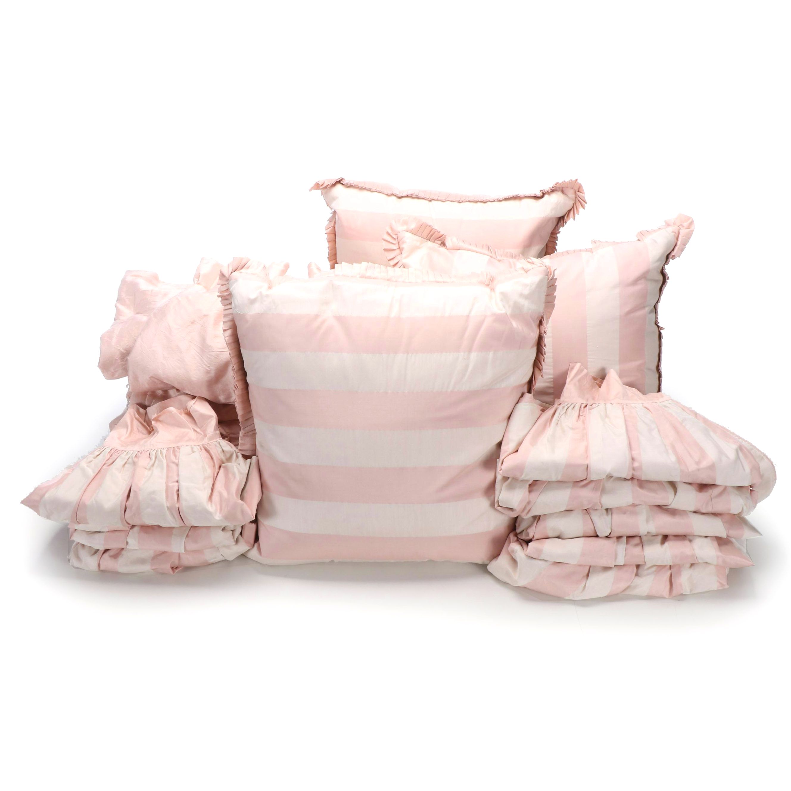 Pink Silk Drapes with Pink and White Stripe Silk Pillows
