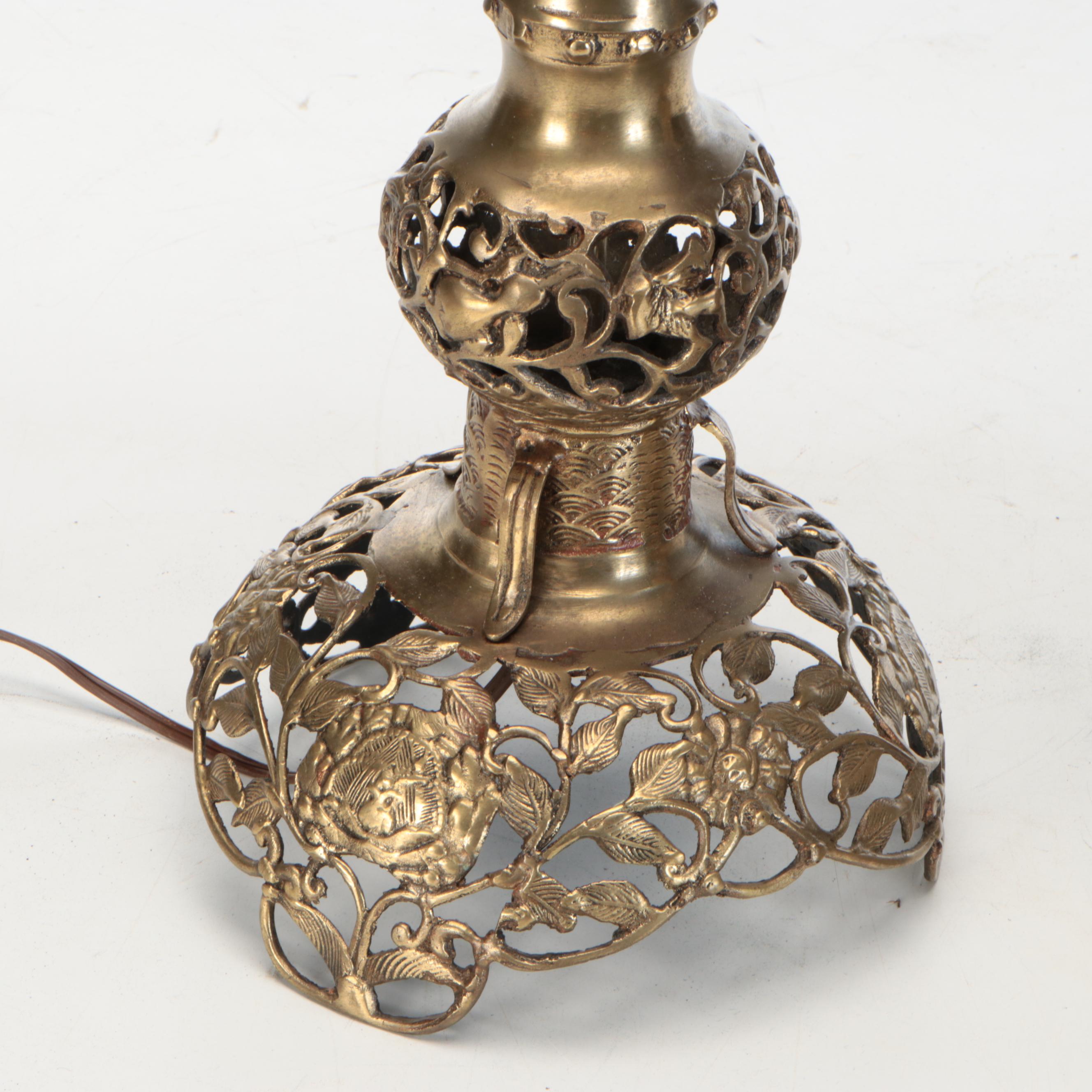 James Mont Style Asian Cast Gilt Metal Openwork Pricket Table Lamps, Mid-20th C