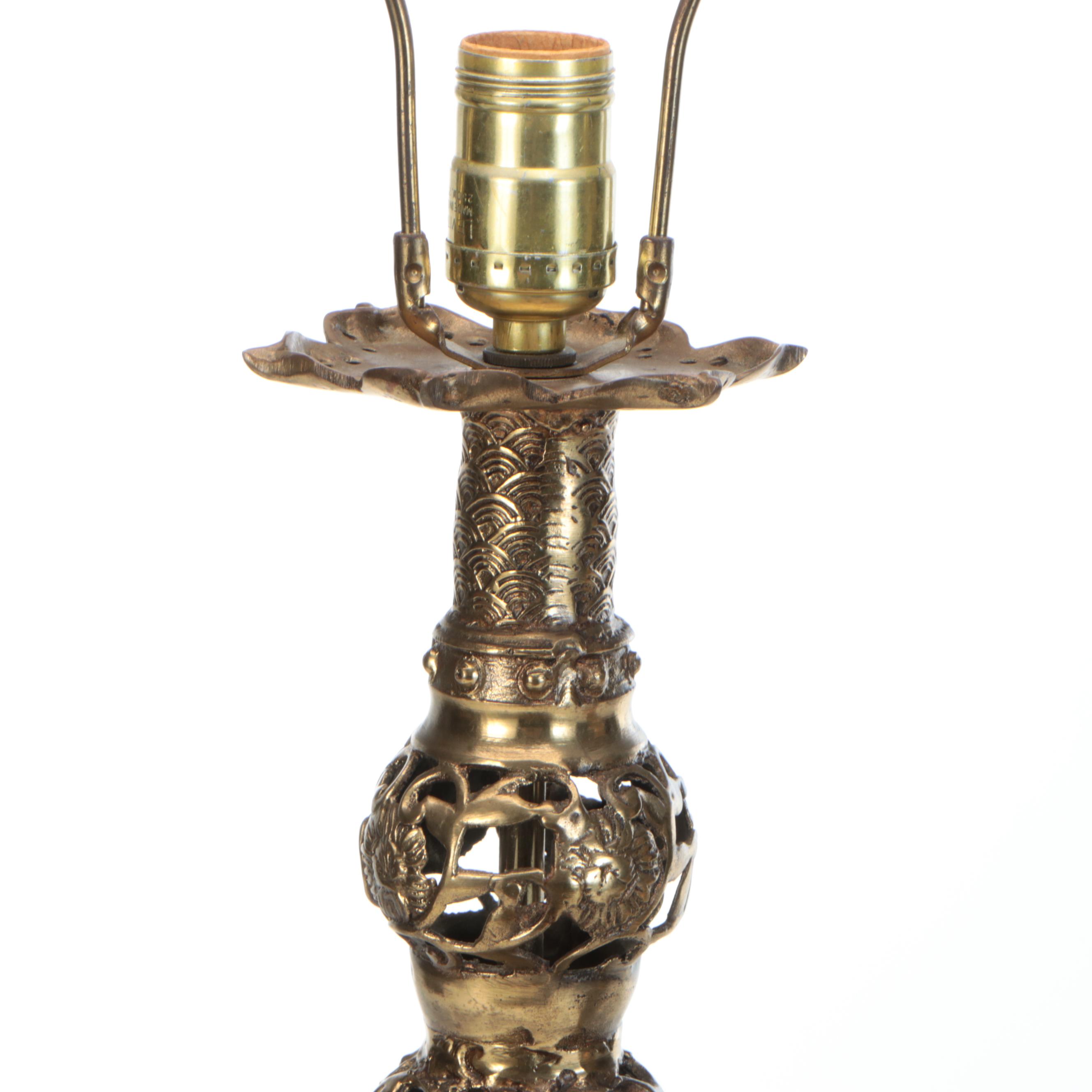 James Mont Style Asian Cast Gilt Metal Openwork Pricket Table Lamps, Mid-20th C