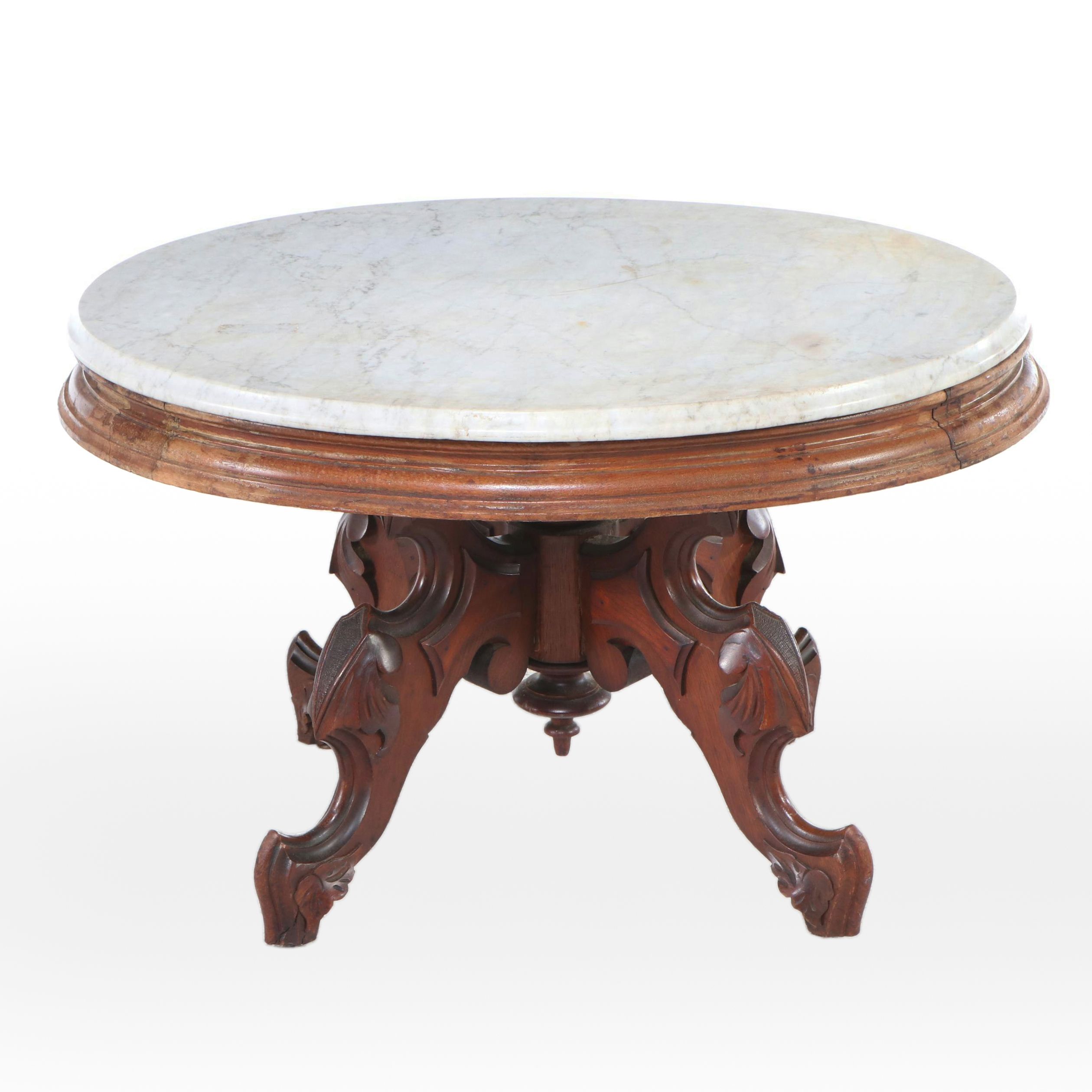 Victorian Marble Top Carved Wood Coffee Table, Late 19th/Early 20th Century