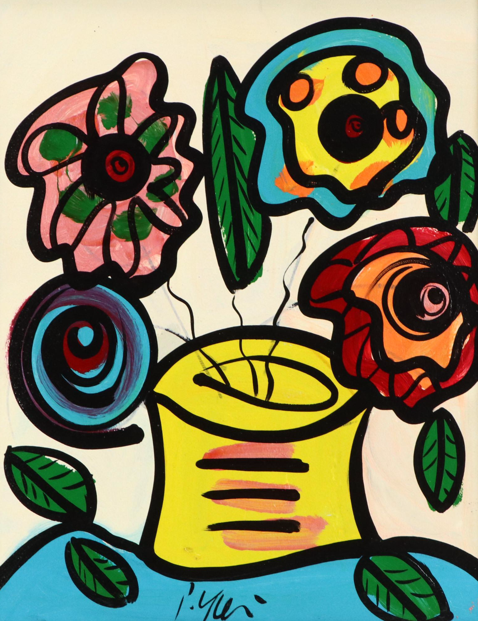 Peter Keil Stylized Acrylic Painting with Floral Still Life