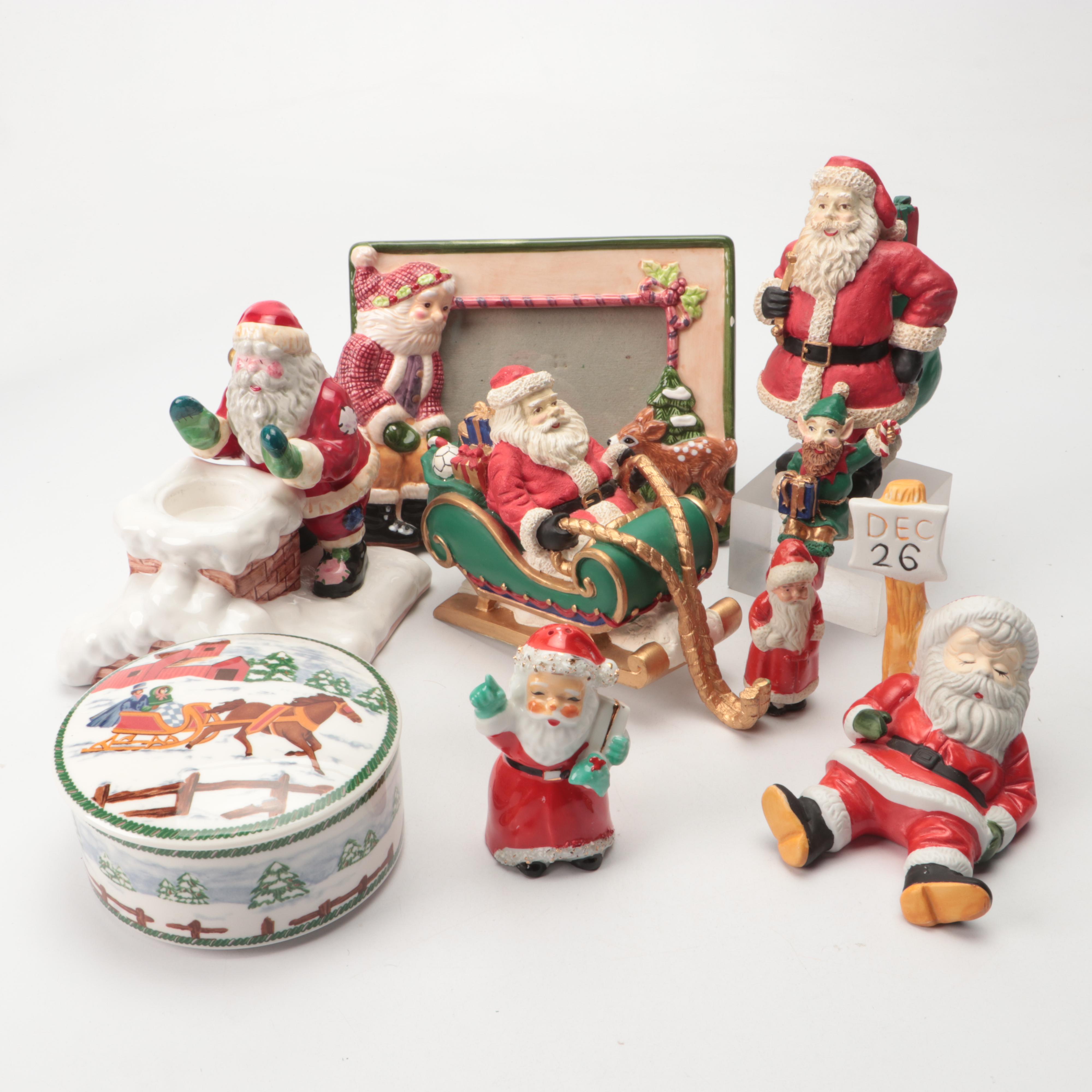 Mikasa Winter Scene Porcelain Box with Santa Figurine and Other Christmas Decor