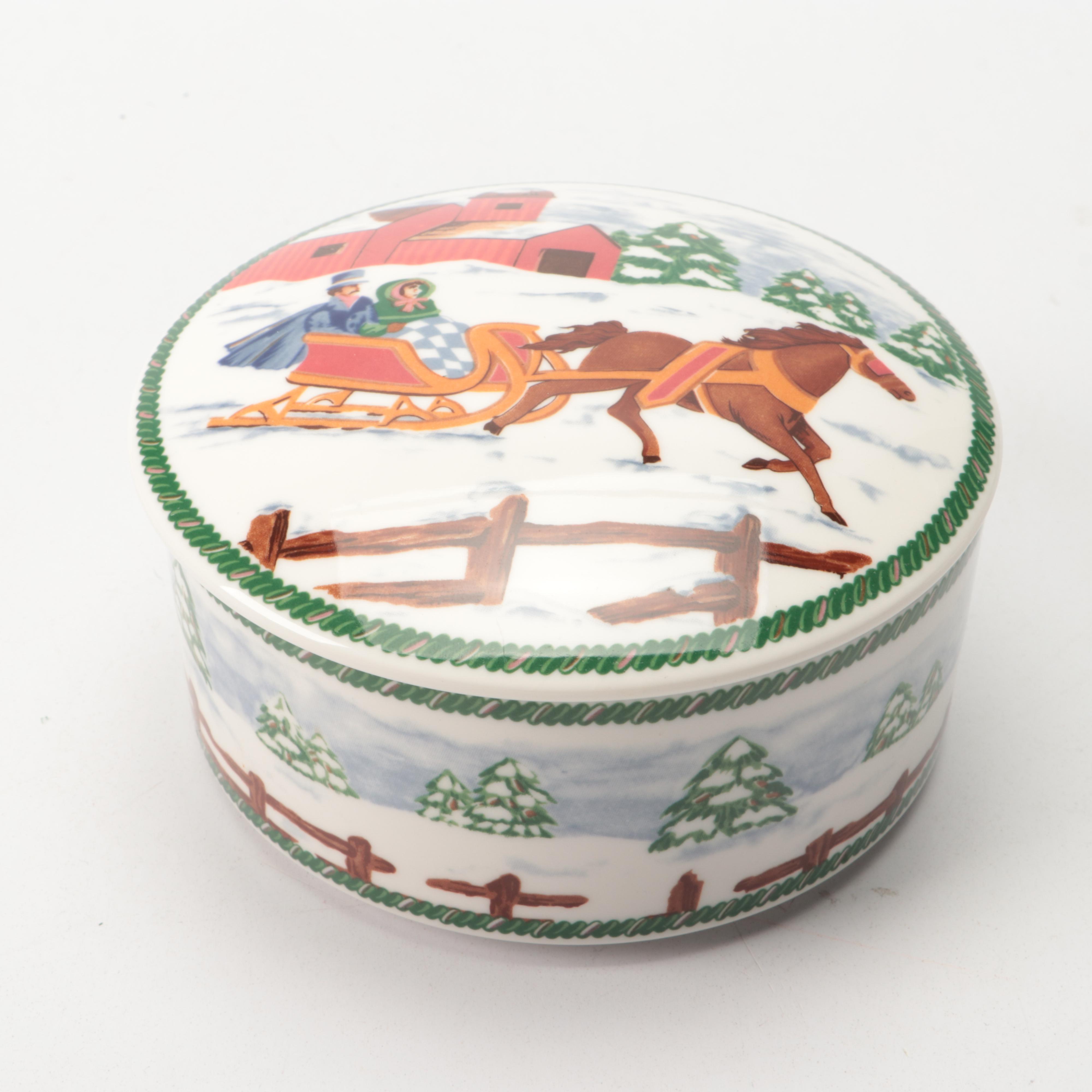 Mikasa Winter Scene Porcelain Box with Santa Figurine and Other Christmas Decor