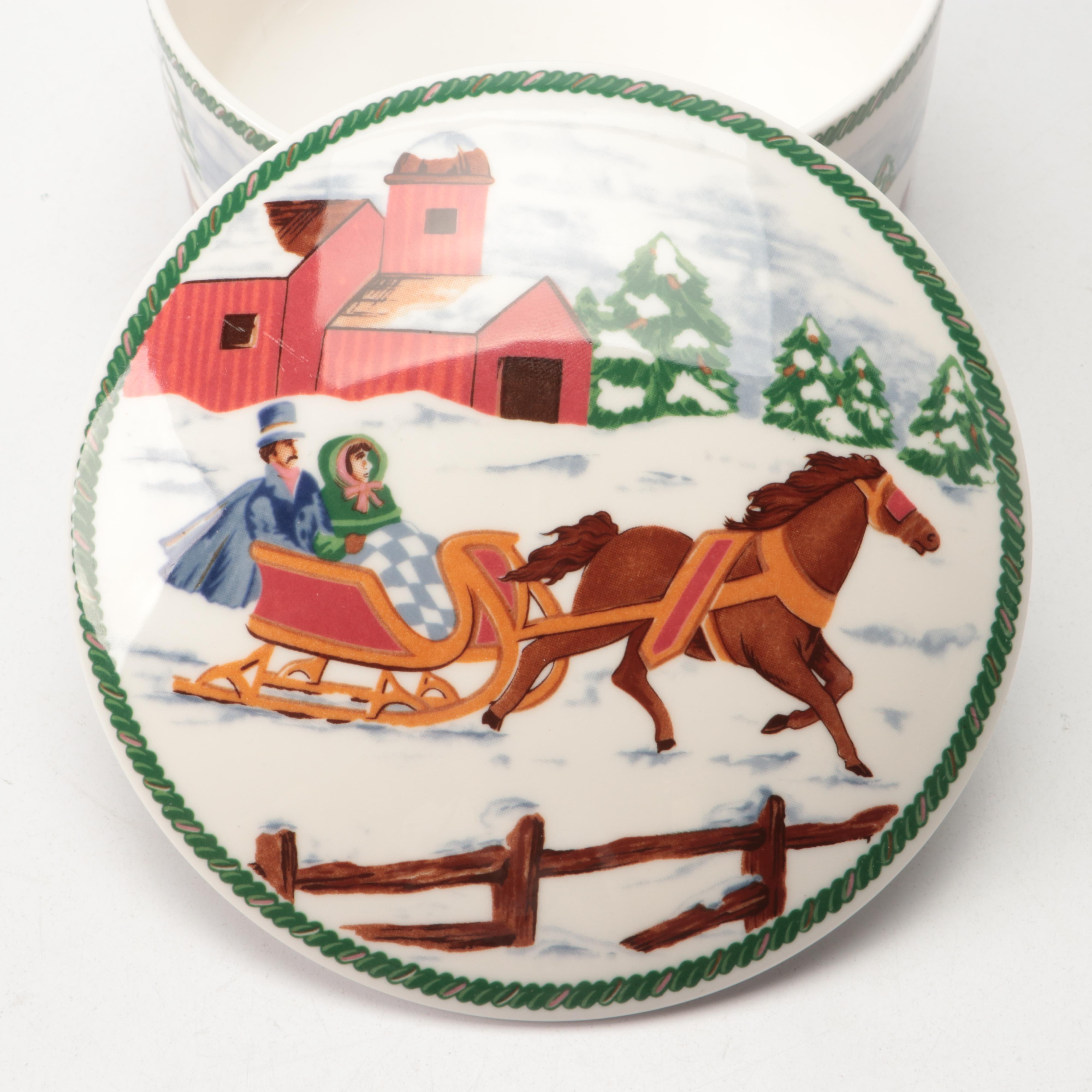 Mikasa Winter Scene Porcelain Box with Santa Figurine and Other Christmas Decor