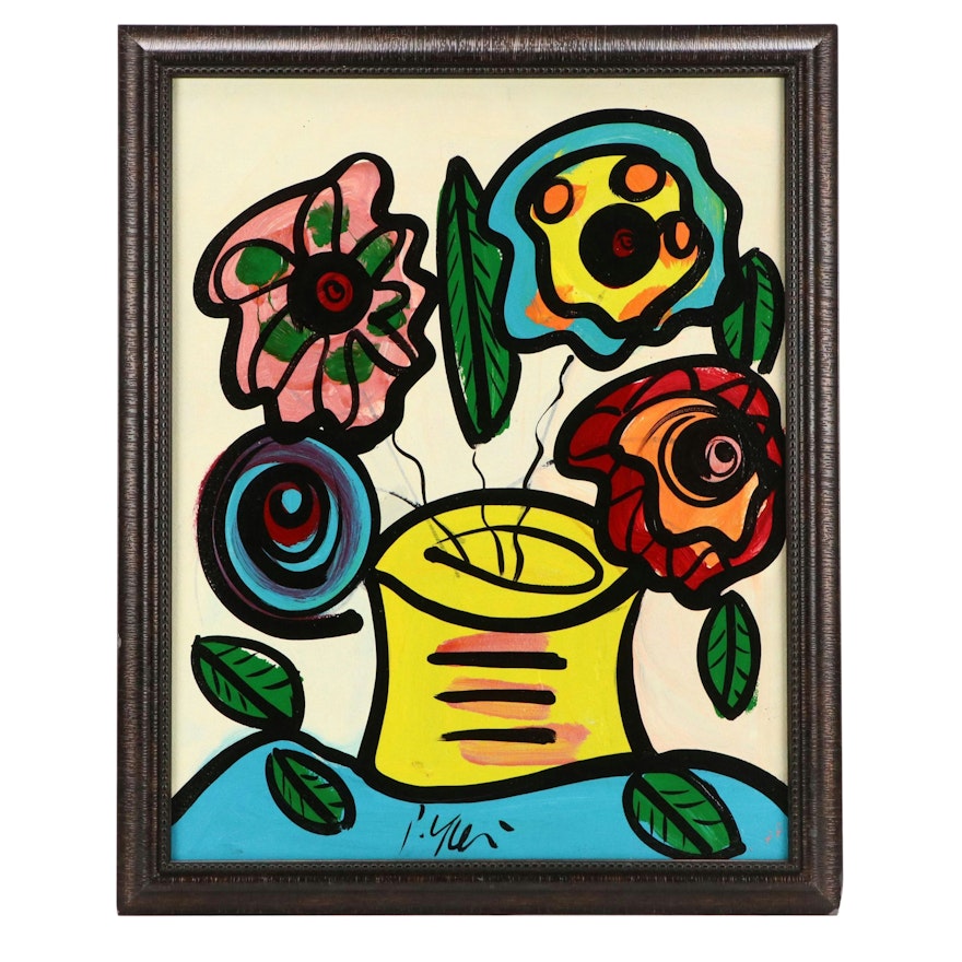 Peter Keil Stylized Acrylic Painting With Floral Still Life EBTH peter-keil-stylized-acrylic-painting-with-floral-still-life-ebth