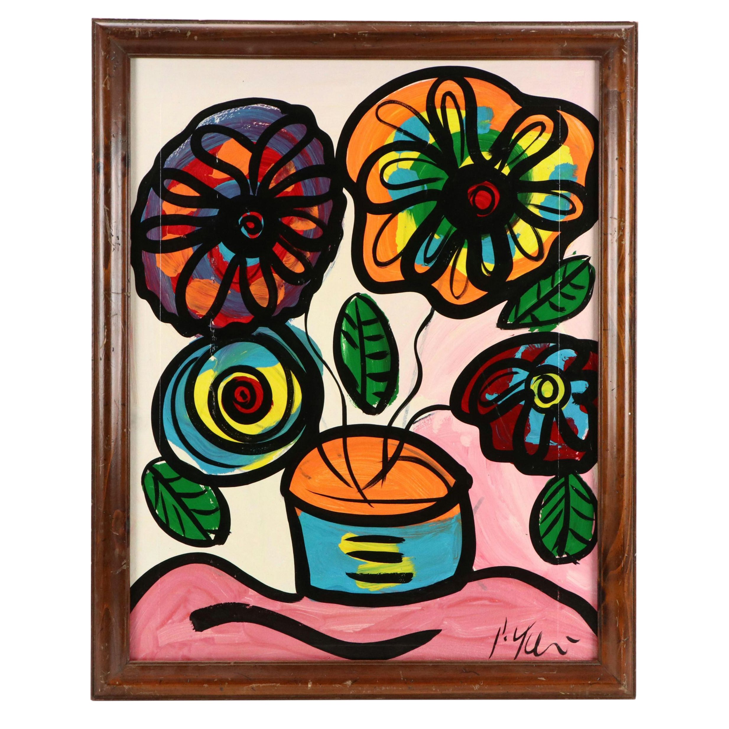 Peter Keil Stylized Acrylic Painting with Floral Still Life