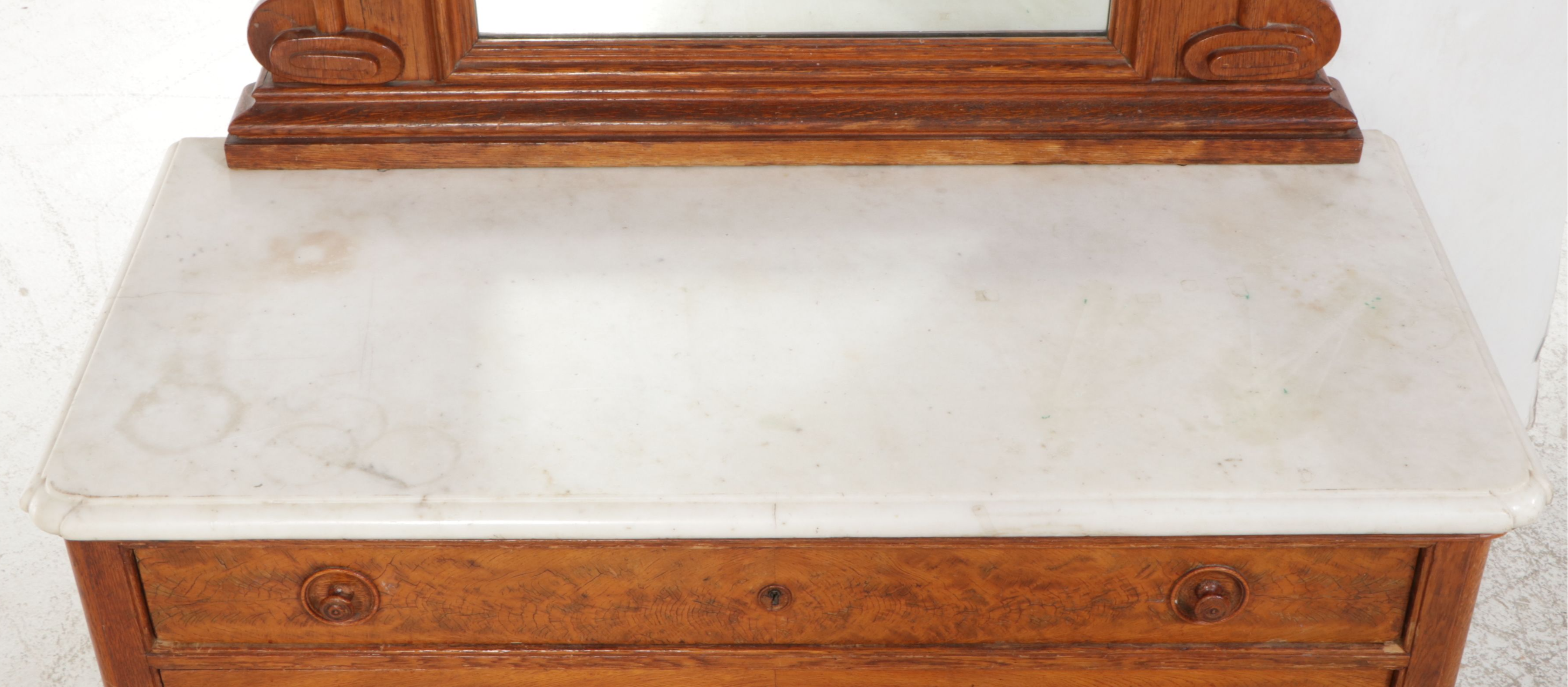 Victorian Marble Top Burl Wood and Oak Dresser with Mirror, 19th Century