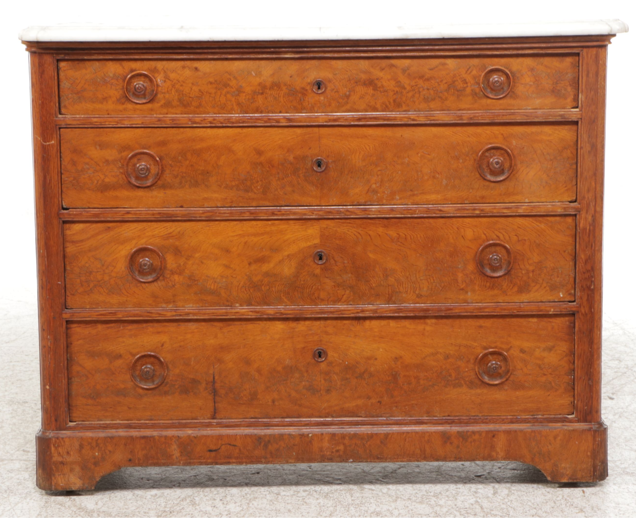 Victorian Marble Top Burl Wood and Oak Dresser with Mirror, 19th Century