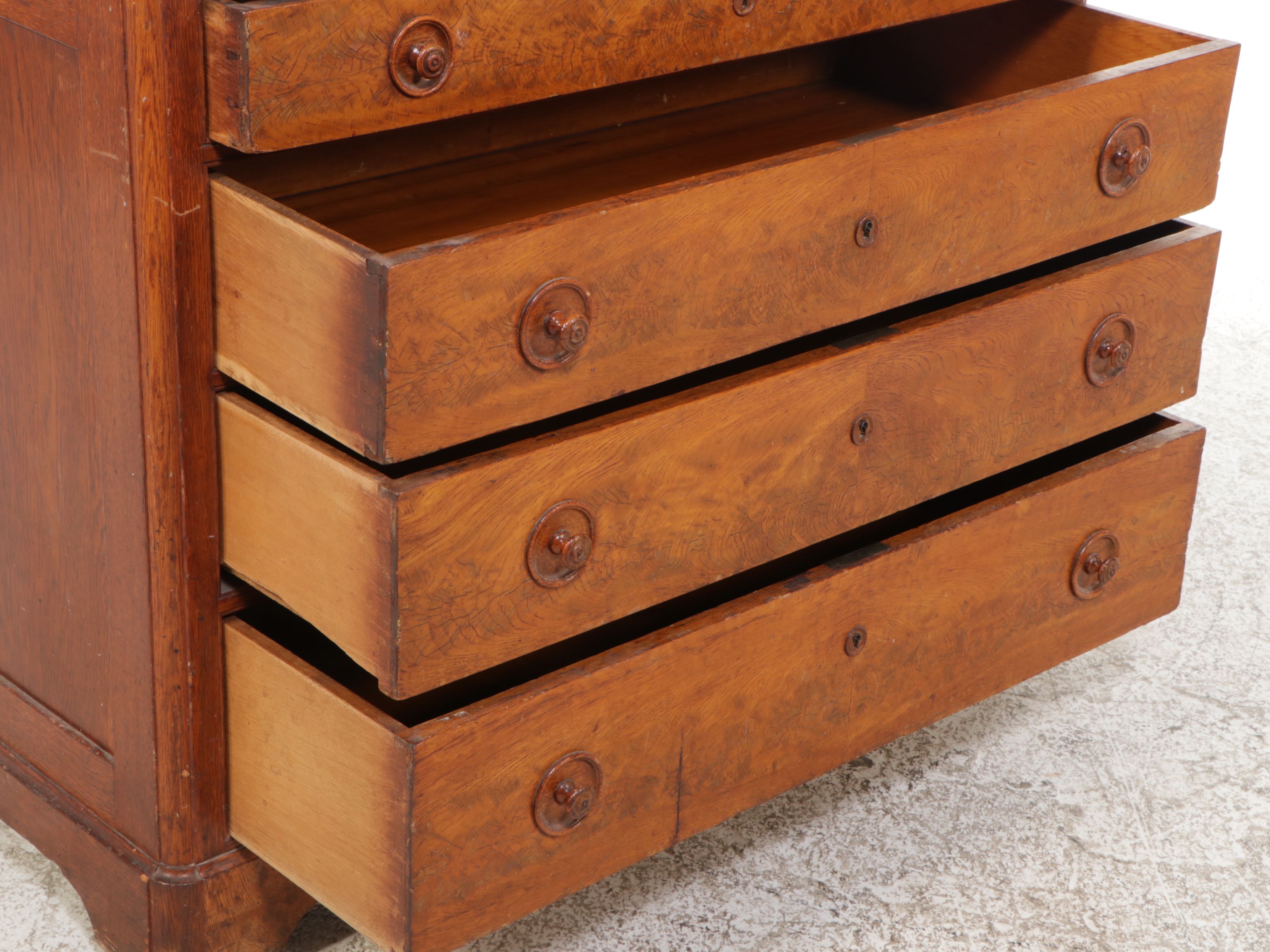 Victorian Marble Top Burl Wood and Oak Dresser with Mirror, 19th Century
